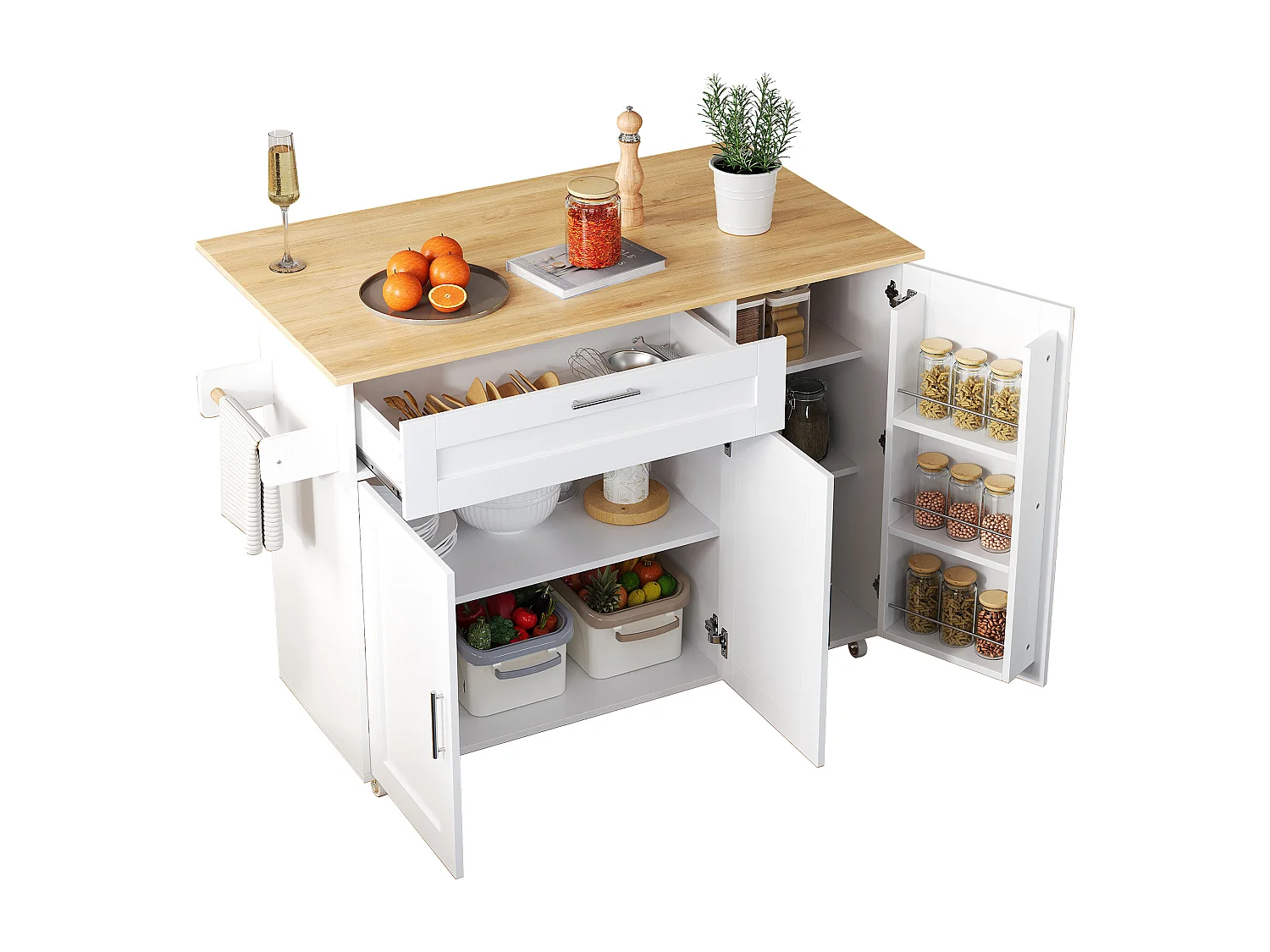 Ilot central de cuisine - avec comptoir pliant - multiples rangements - Blanc