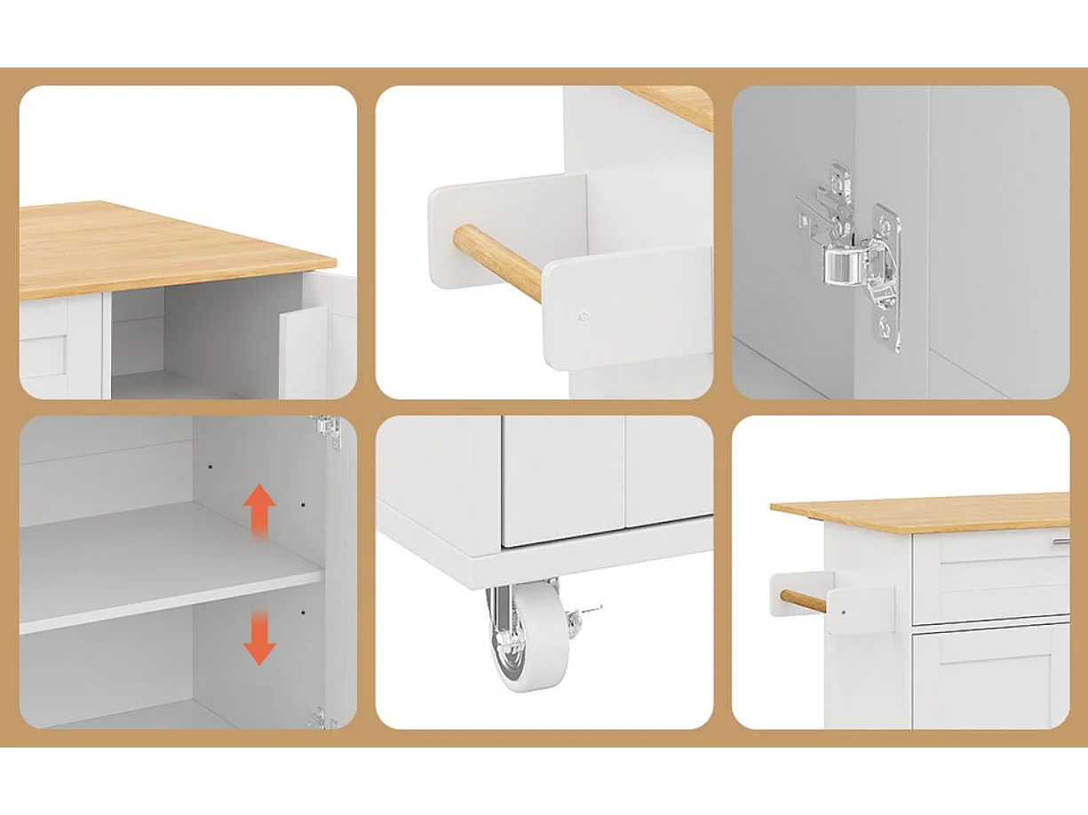 Ilot central de cuisine - avec comptoir pliant - multiples rangements - Blanc
