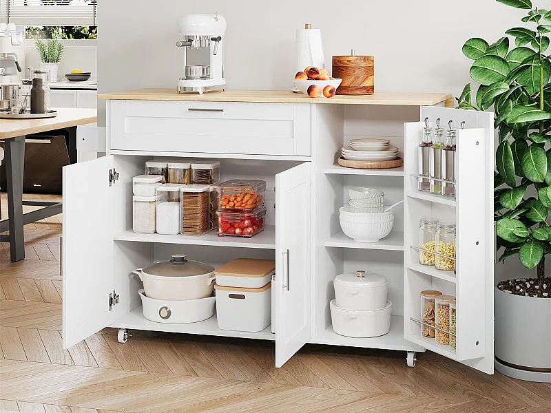 Ilot central de cuisine - avec comptoir pliant - multiples rangements - Blanc