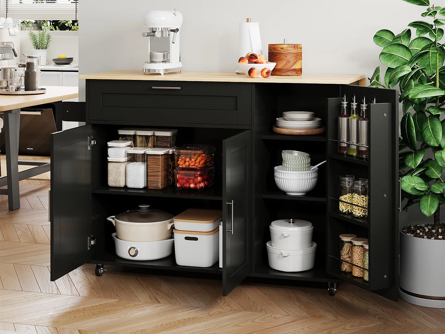 Ilot central de cuisine - avec comptoir pliant - multiples rangements - Noir