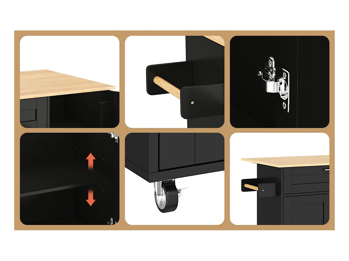 Ilot central de cuisine - avec comptoir pliant - multiples rangements - Noir