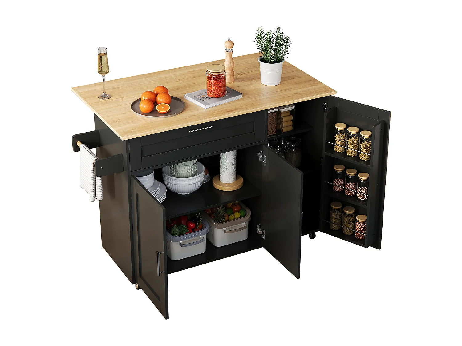Ilot central de cuisine - avec comptoir pliant - multiples rangements - Noir