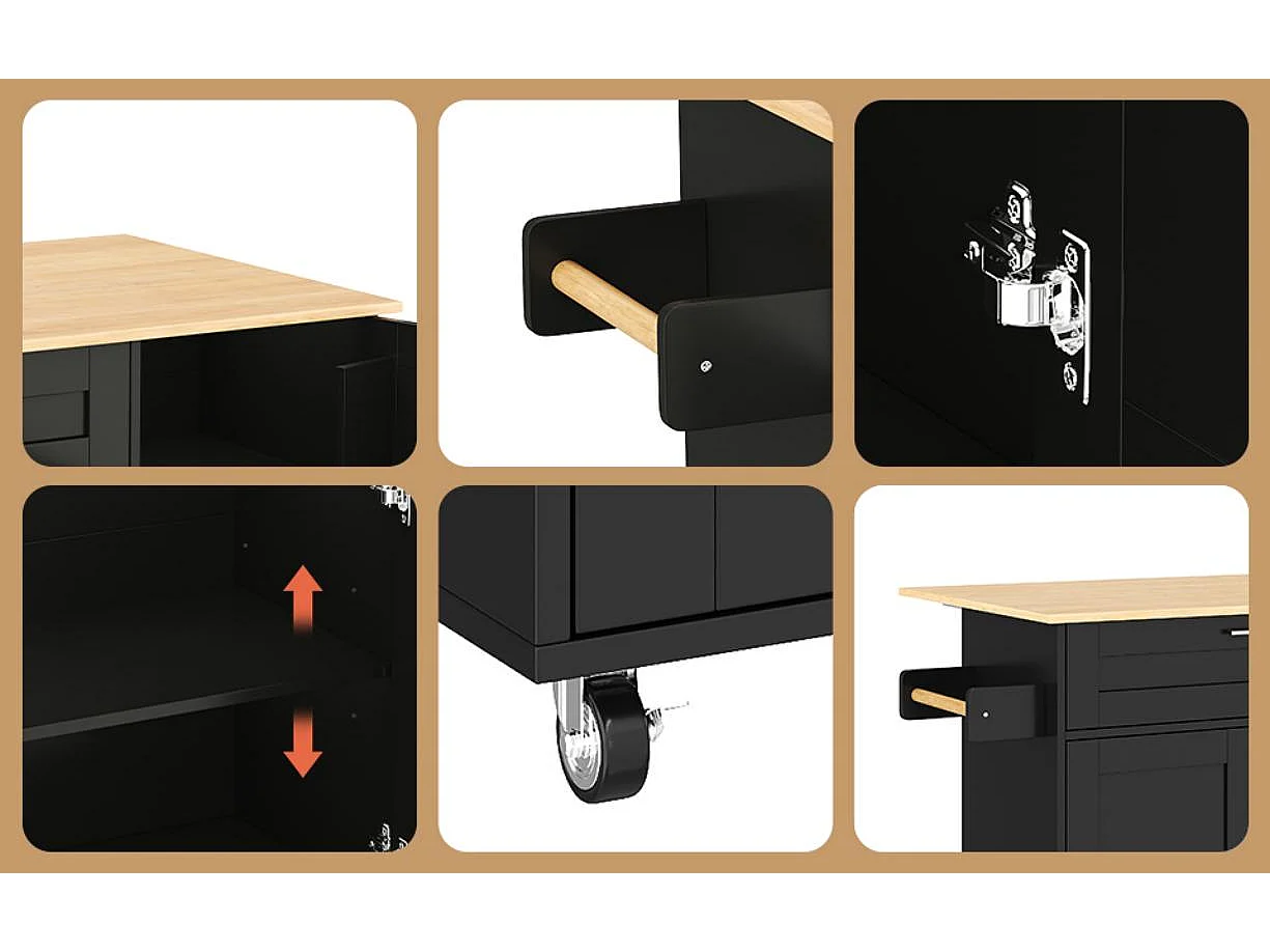 Isola centrale da cucina - con piano pieghevole - numerosi ripiani - Nero