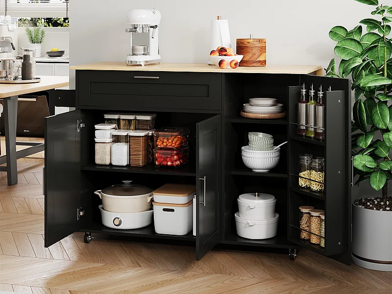 Ilot central de cuisine - avec comptoir pliant - multiples rangements - Noir