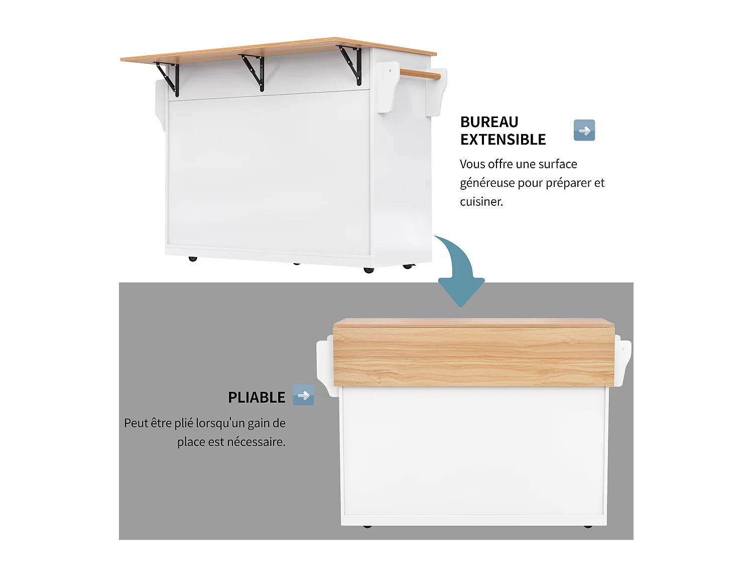 Centrale keukeneiland - 2 lades en 4 vakken - poten op wielen of van hout - Wit