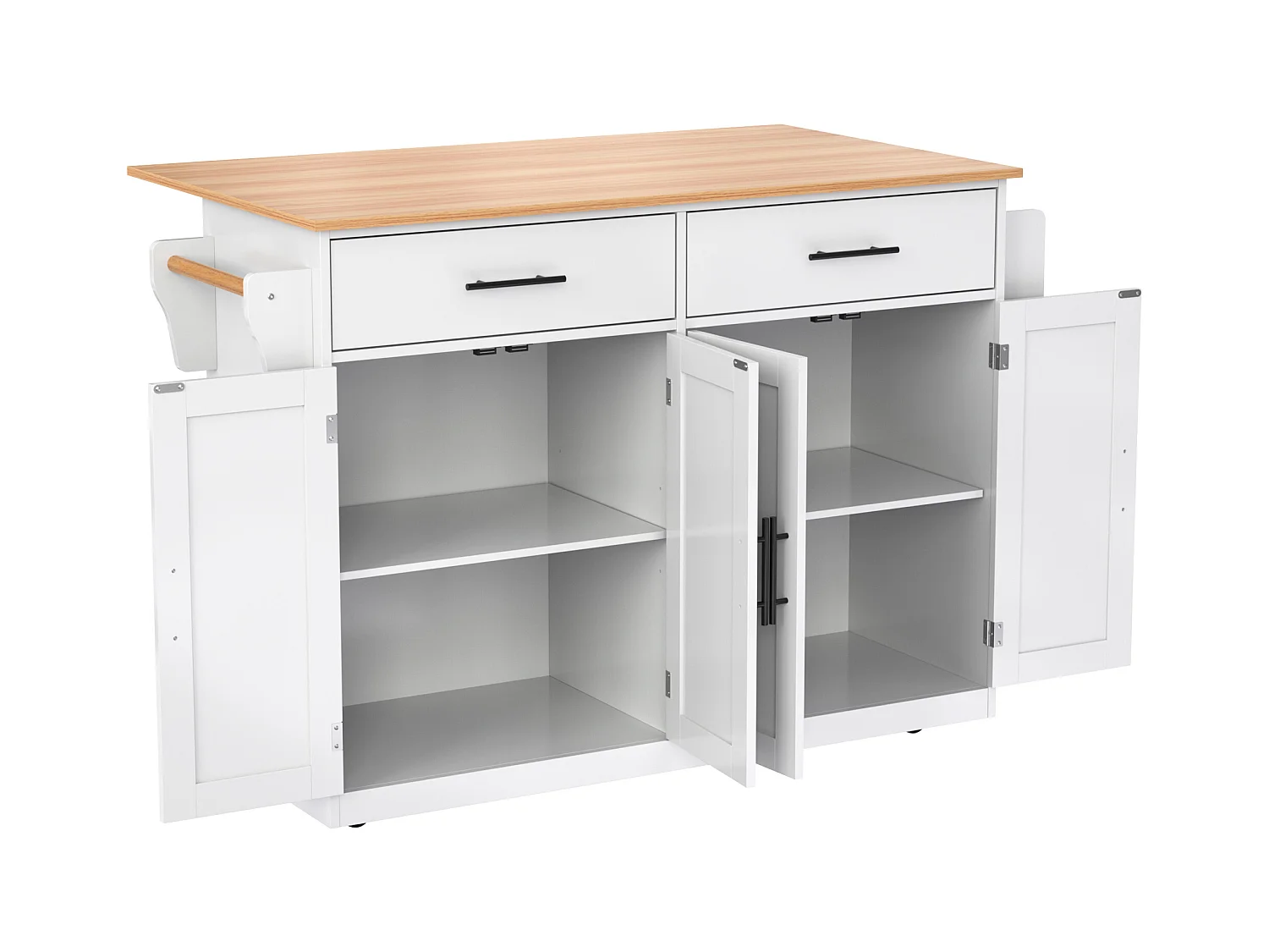 Centrale keukeneiland - 2 lades en 4 vakken - poten op wielen of van hout - Wit