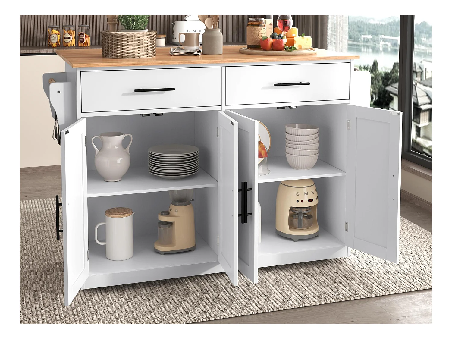 Ilot central de cuisine - 2 tiroirs et 4 compartiments - pieds en roulettes ou en bois - Blanc
