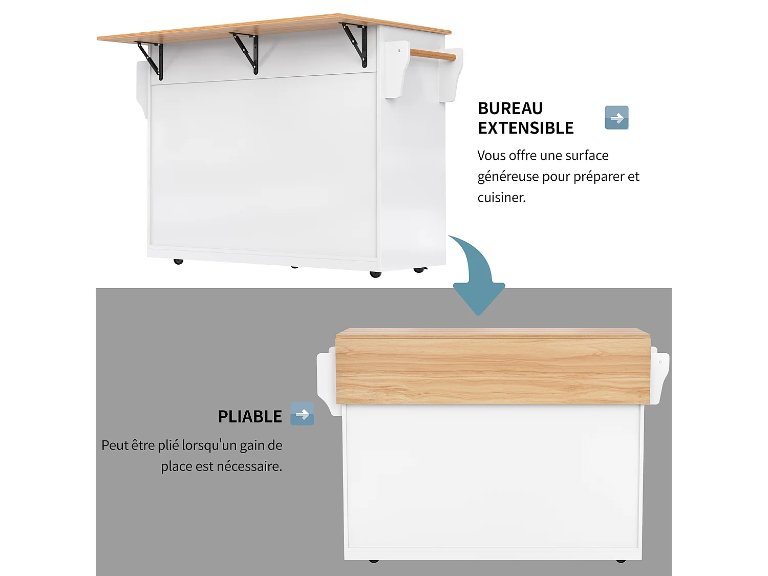 Ilot central de cuisine - 2 tiroirs et 4 compartiments - pieds en roulettes ou en bois - Blanc