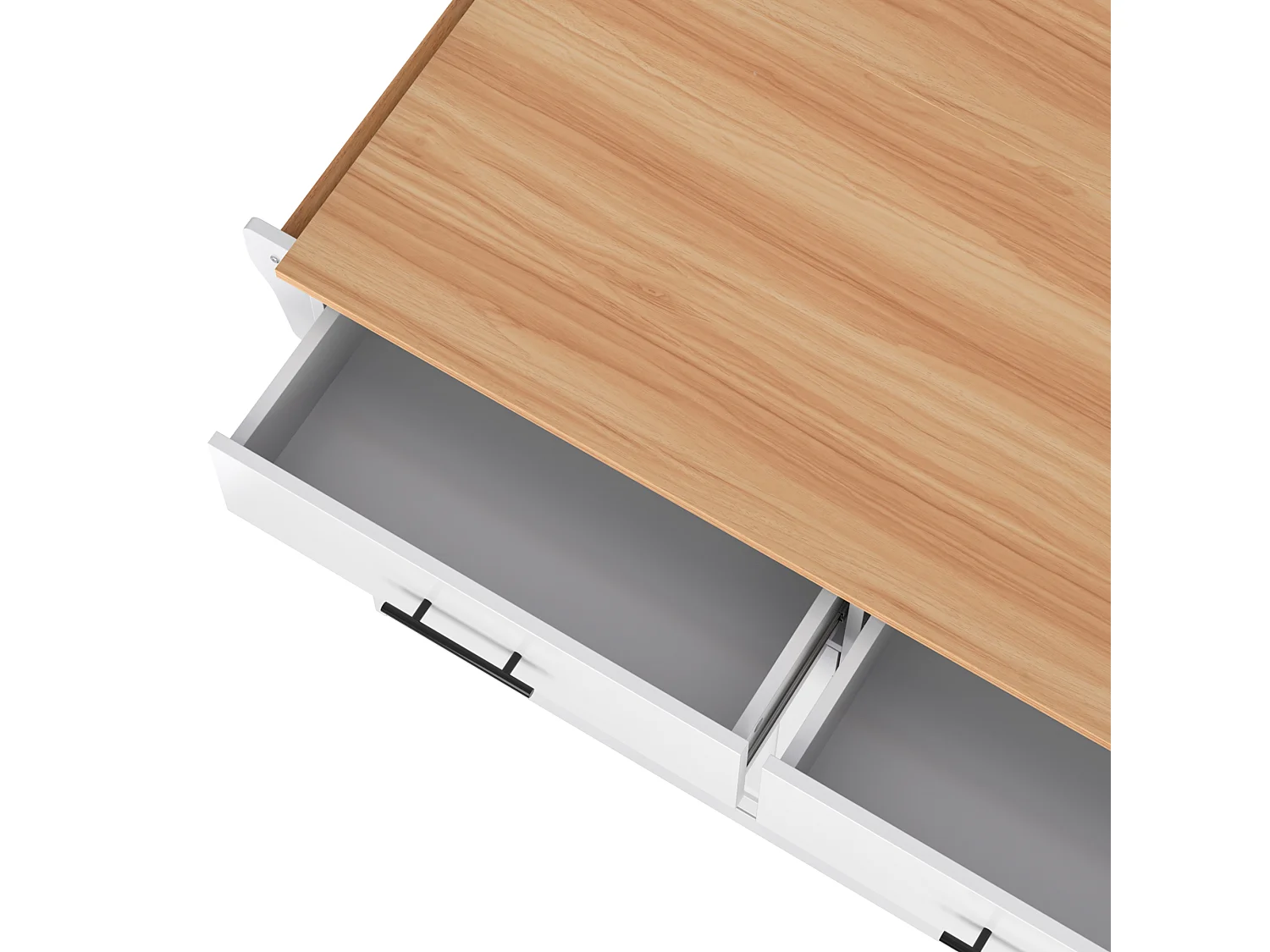 Ilot central de cuisine - 2 tiroirs et 4 compartiments - pieds en roulettes ou en bois - Blanc