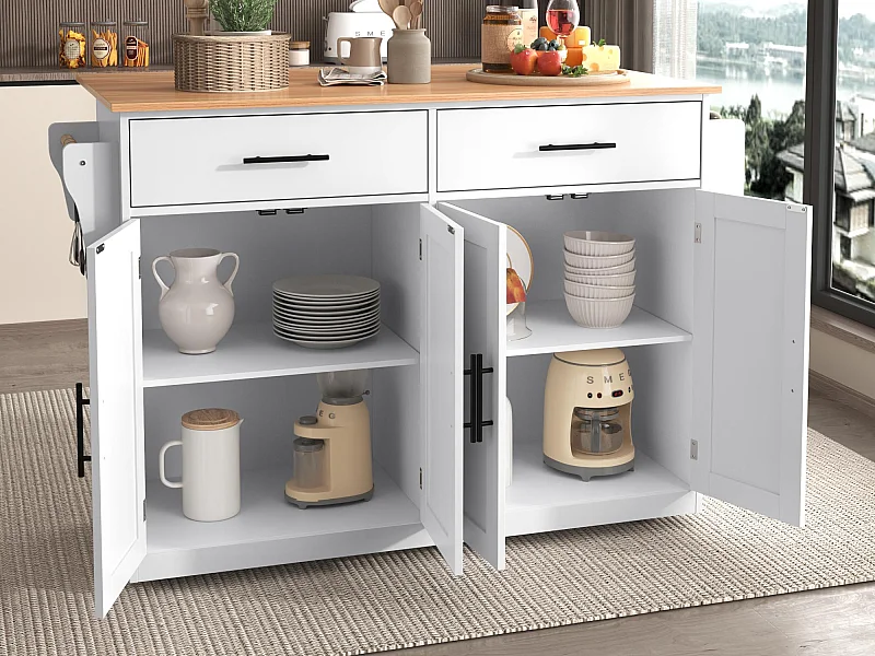 Ilot central de cuisine - 2 tiroirs et 4 compartiments - pieds en roulettes ou en bois - Blanc