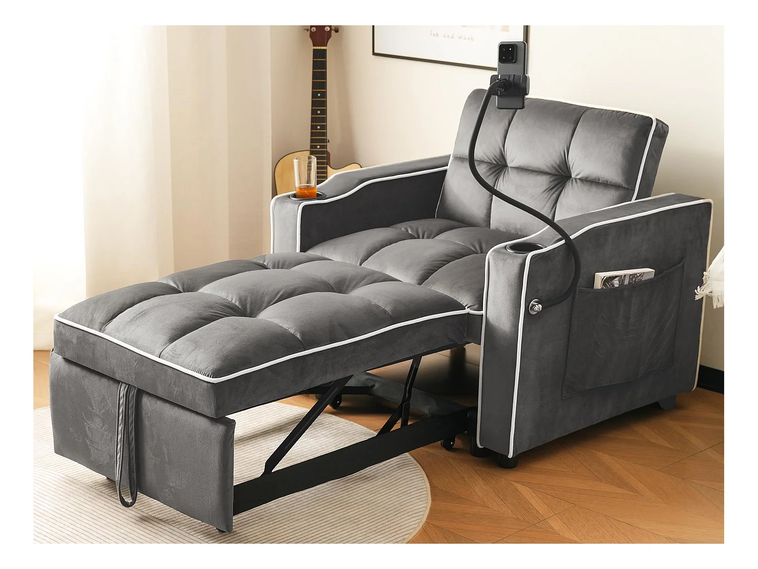 Fauteuil escamotable en velours - avec porte-gobelet + support pour téléphone portable - Gris