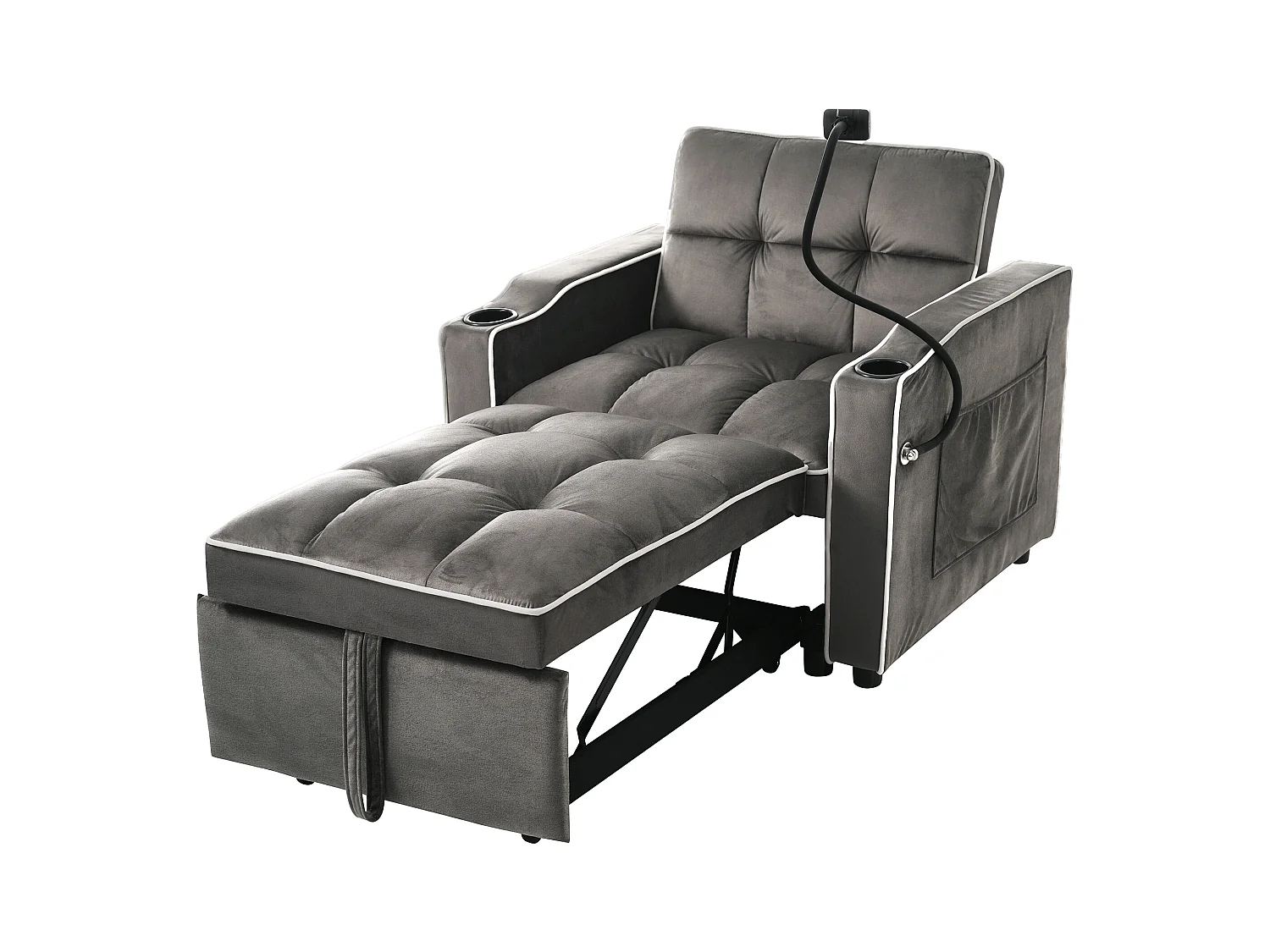 Fauteuil escamotable en velours - avec porte-gobelet + support pour téléphone portable - Gris