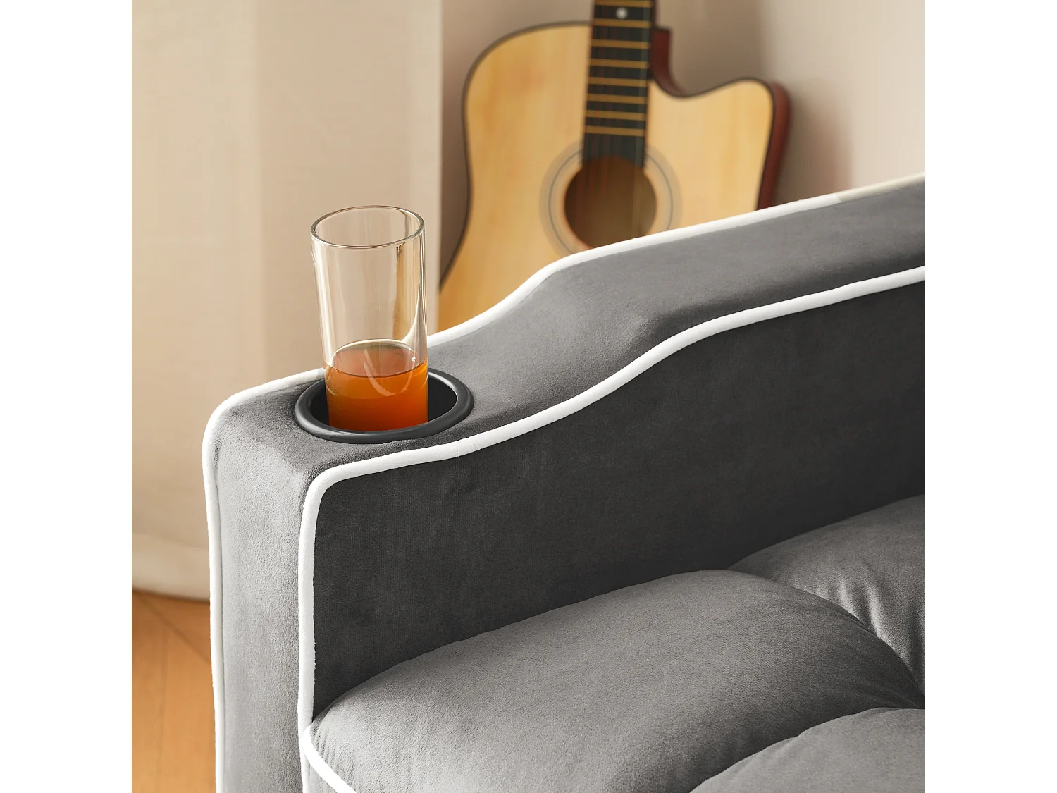 Fauteuil escamotable en velours - avec porte-gobelet + support pour téléphone portable - Gris