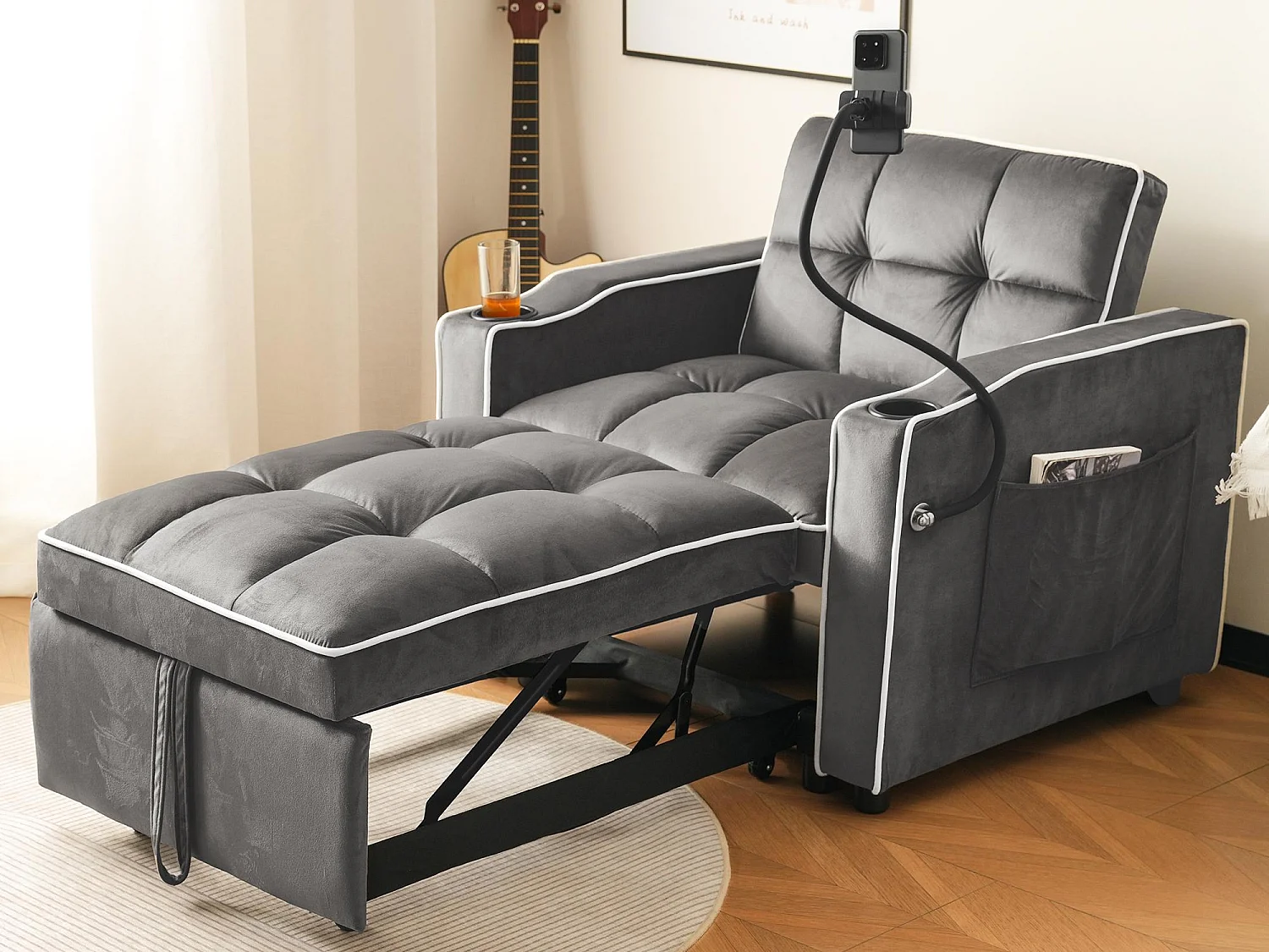 Fauteuil escamotable en velours - avec porte-gobelet + support pour téléphone portable - Gris