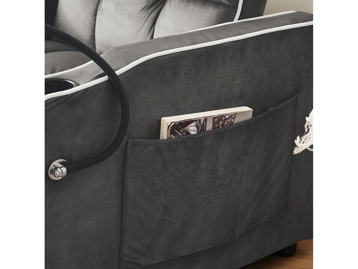 Fauteuil escamotable en velours - avec porte-gobelet + support pour téléphone portable - Gris