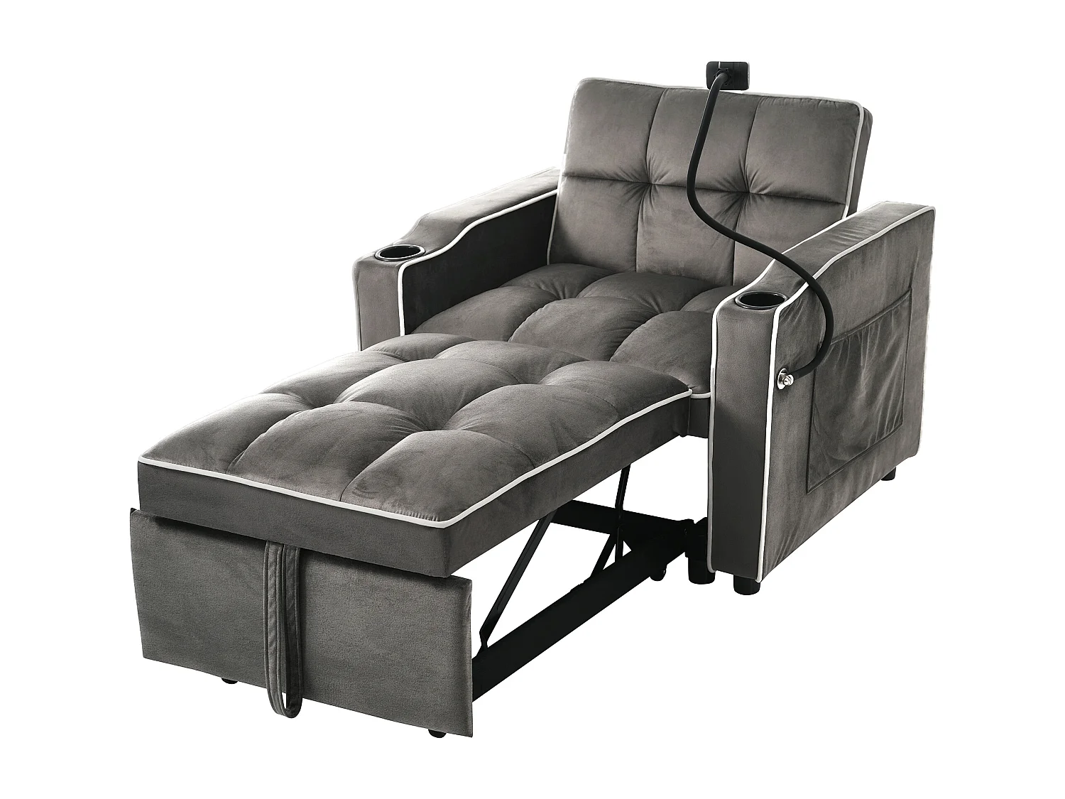 Fauteuil escamotable en velours - avec porte-gobelet + support pour téléphone portable - Gris