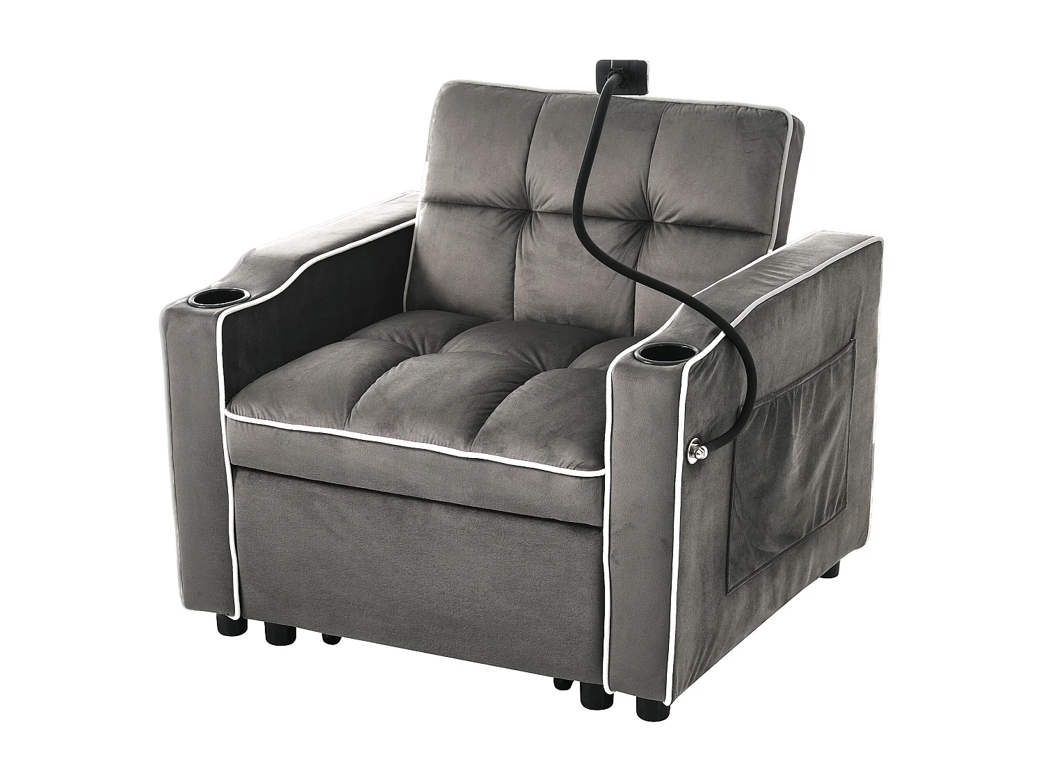 Fauteuil escamotable en velours - avec porte-gobelet + support pour téléphone portable - Gris
