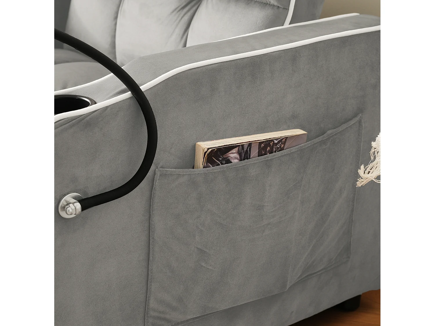 Fauteuil escamotable en velours - avec porte-gobelet + support pour téléphone portable - Gris clair