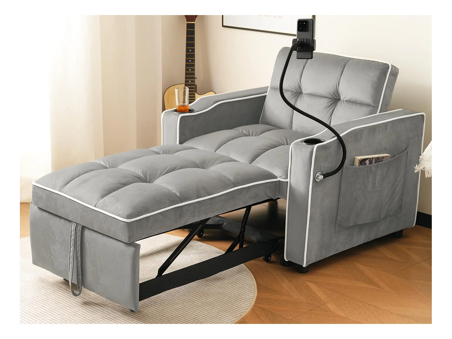 Fauteuil escamotable en velours - avec porte-gobelet + support pour téléphone portable - Gris clair