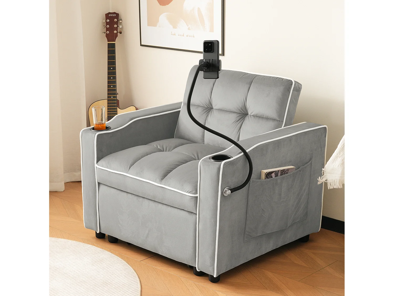 Fauteuil escamotable en velours - avec porte-gobelet + support pour téléphone portable - Gris clair