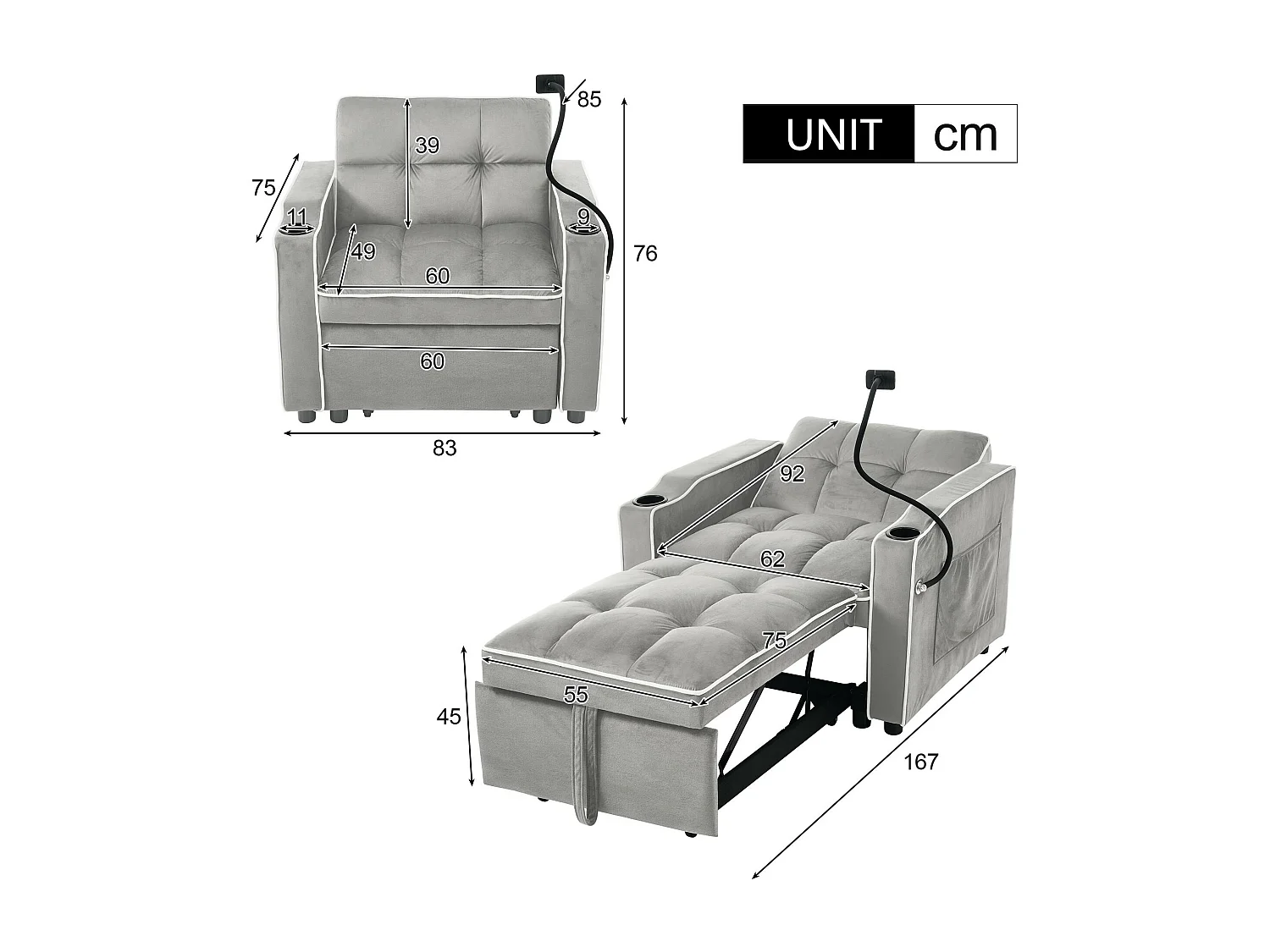 Fauteuil escamotable en velours - avec porte-gobelet + support pour téléphone portable - Gris clair