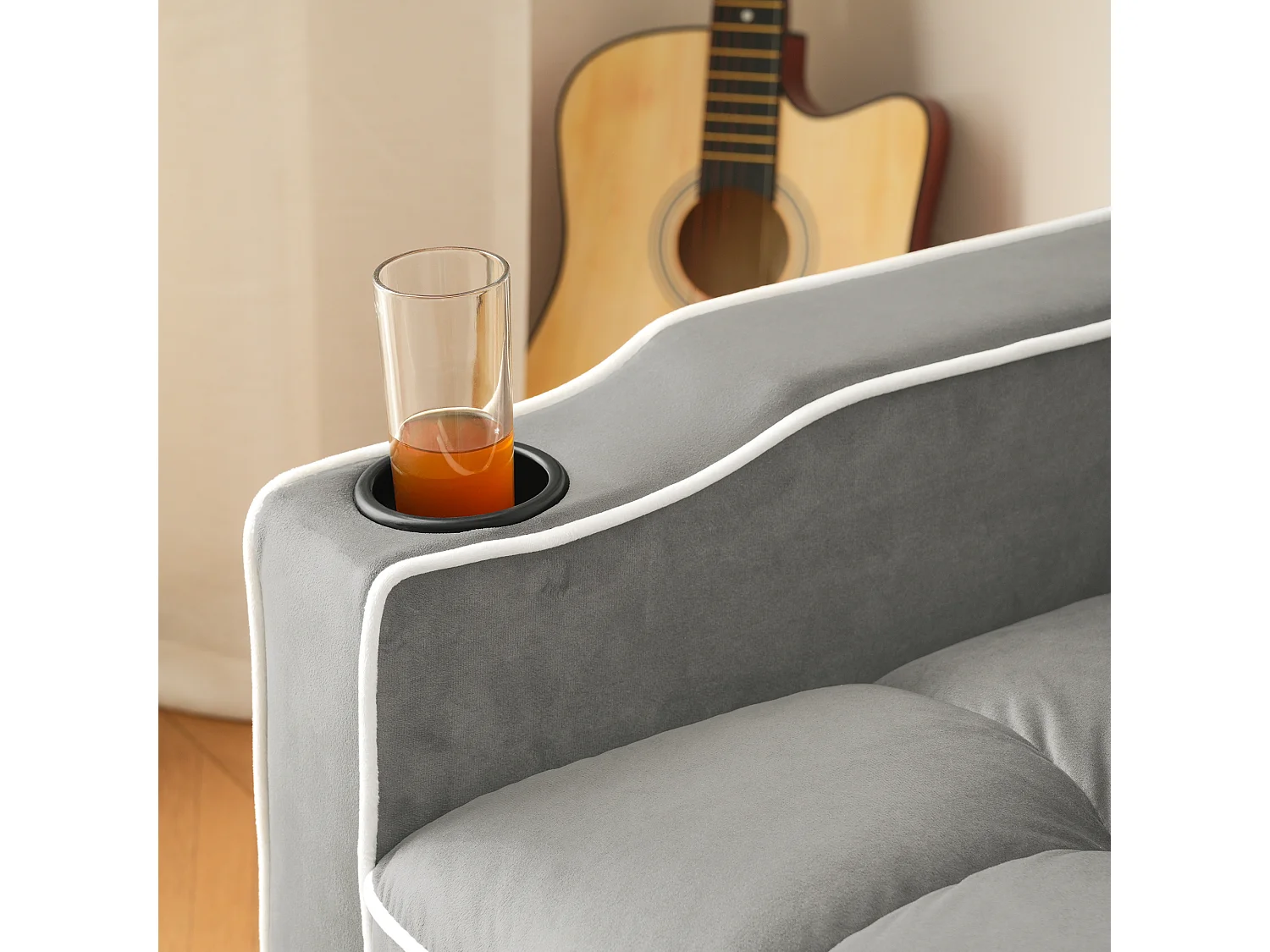 Fauteuil escamotable en velours - avec porte-gobelet + support pour téléphone portable - Gris clair