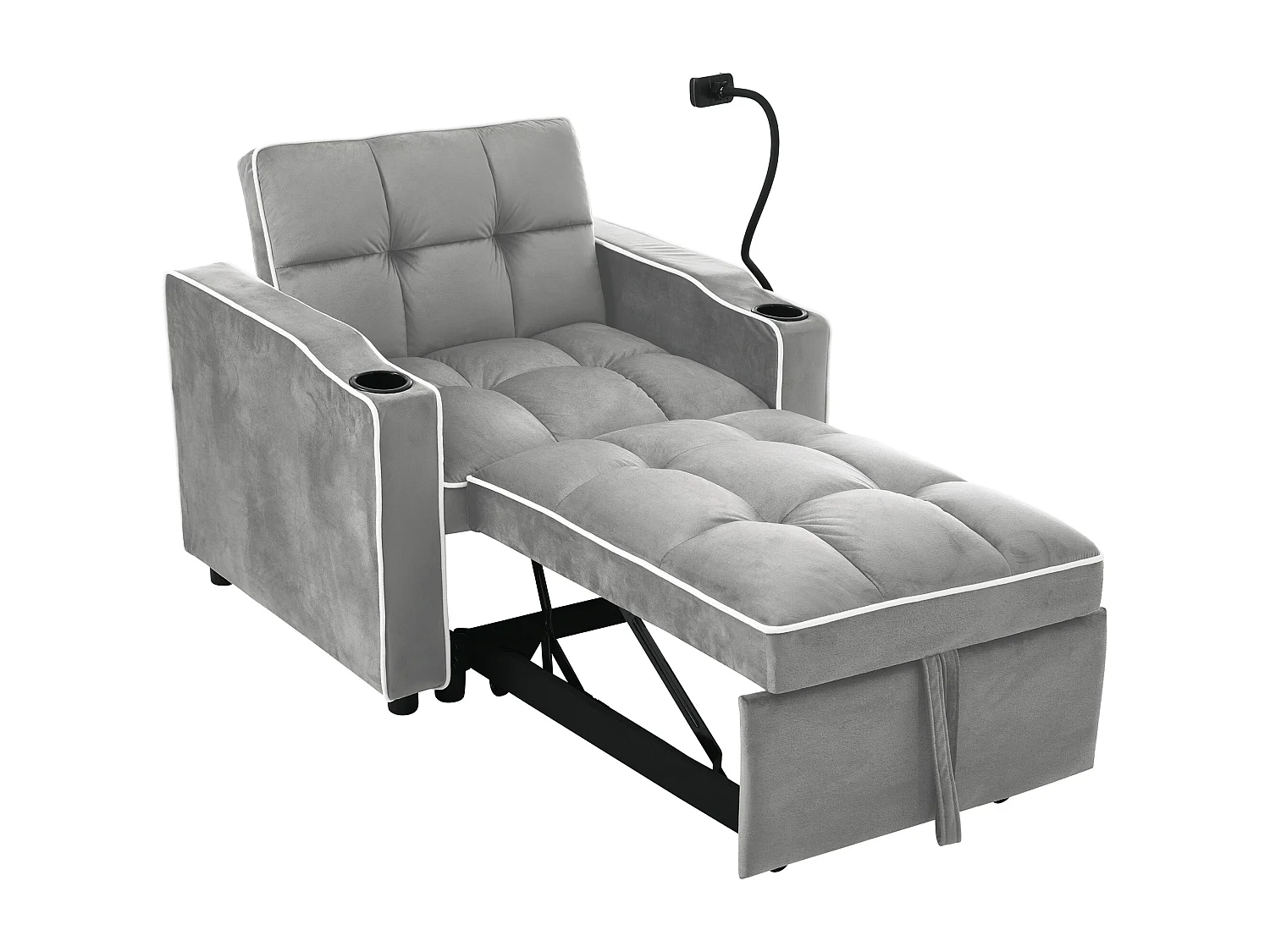 Fauteuil escamotable en velours - avec porte-gobelet + support pour téléphone portable - Gris clair