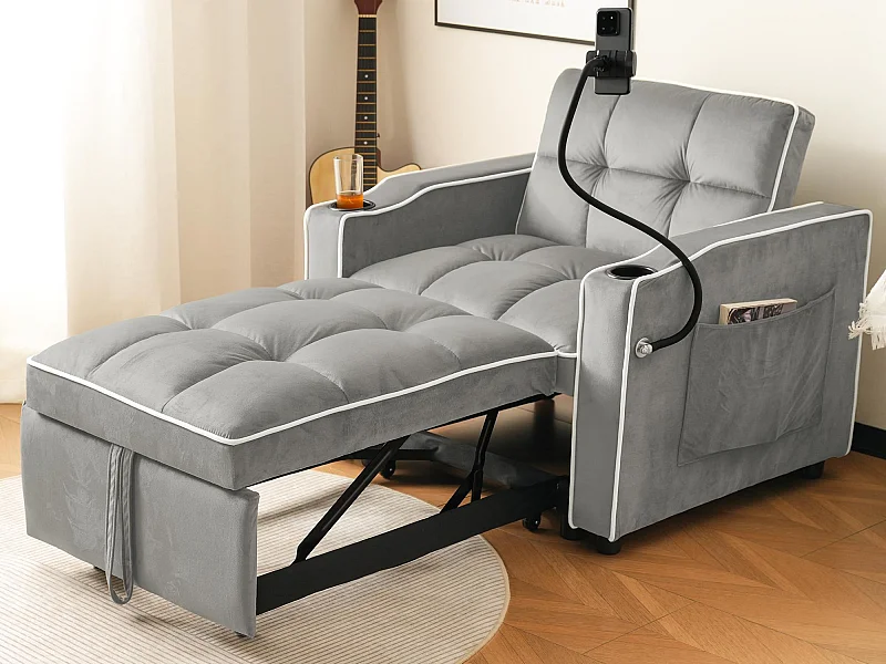 Fauteuil escamotable en velours - avec porte-gobelet + support pour téléphone portable - Gris clair