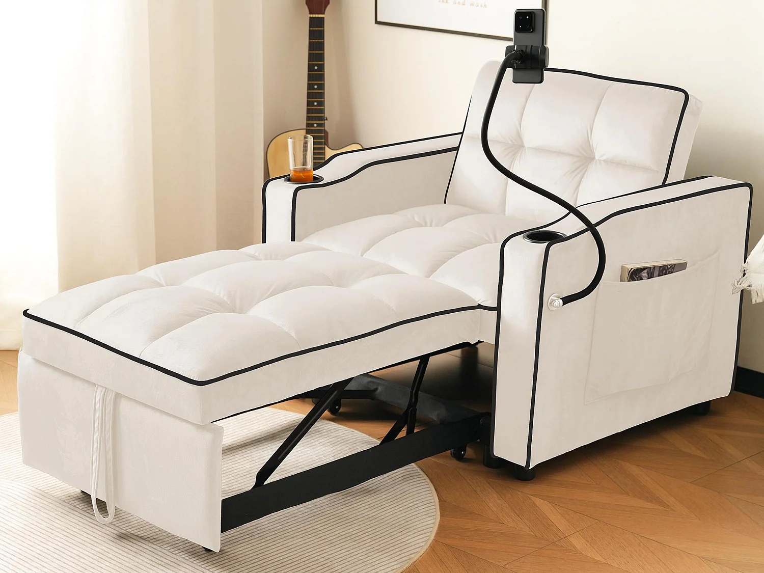 Fauteuil escamotable en velours - avec porte-gobelet + support pour téléphone portable - Beige