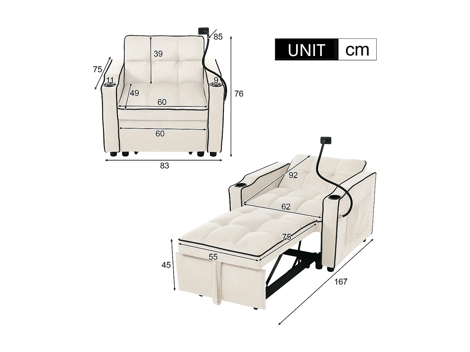 Fauteuil escamotable en velours - avec porte-gobelet + support pour téléphone portable - Beige