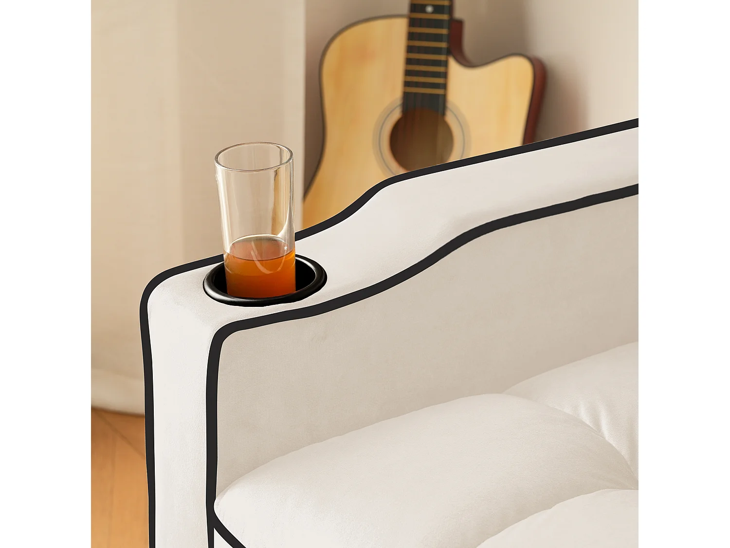 Fauteuil escamotable en velours - avec porte-gobelet + support pour téléphone portable - Beige