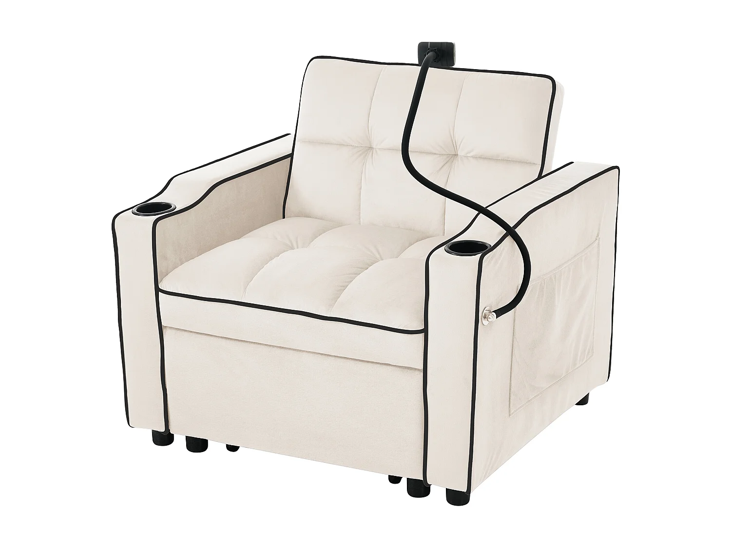 Fauteuil escamotable en velours - avec porte-gobelet + support pour téléphone portable - Beige
