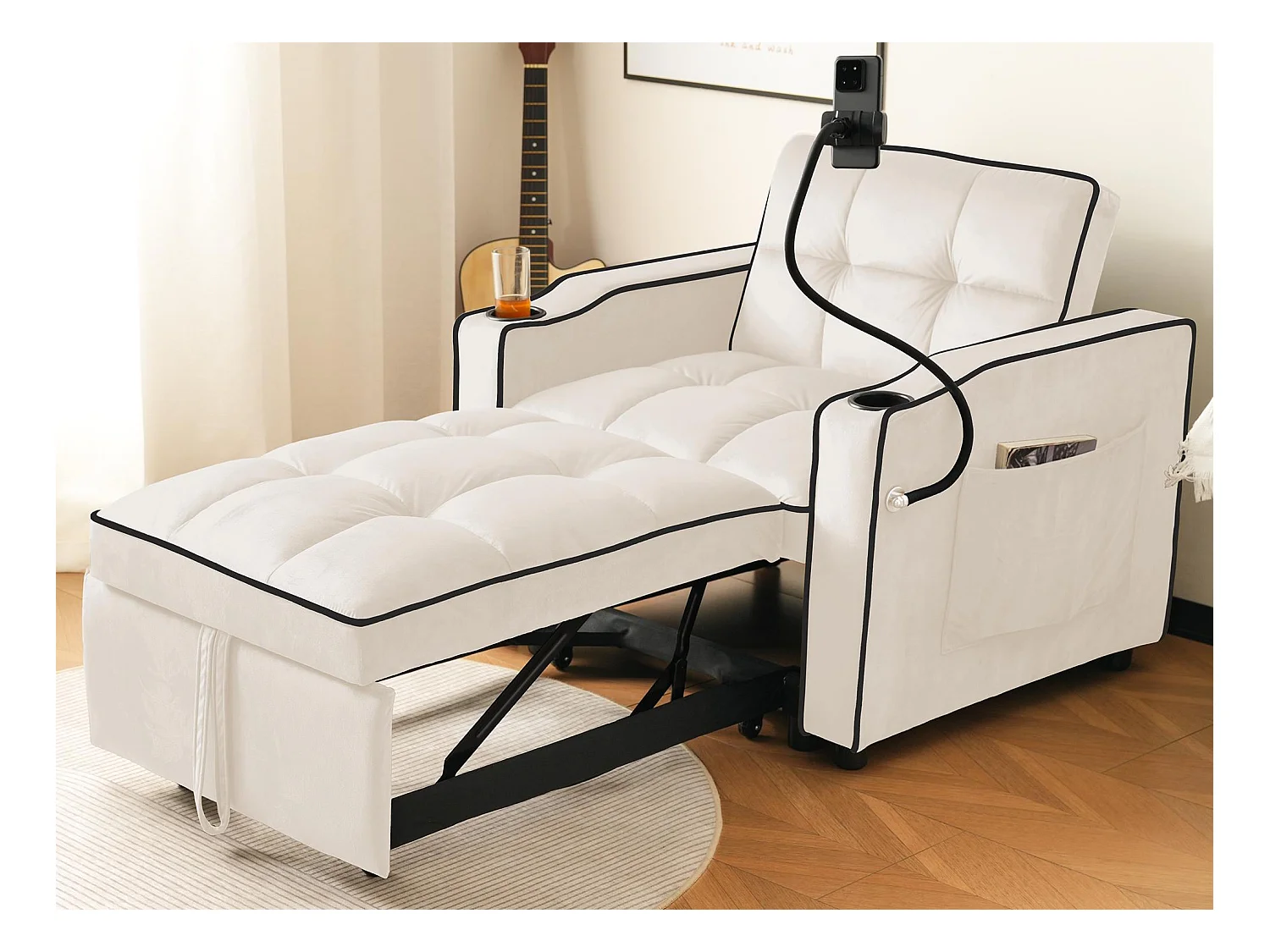 Fauteuil escamotable en velours - avec porte-gobelet + support pour téléphone portable - Beige