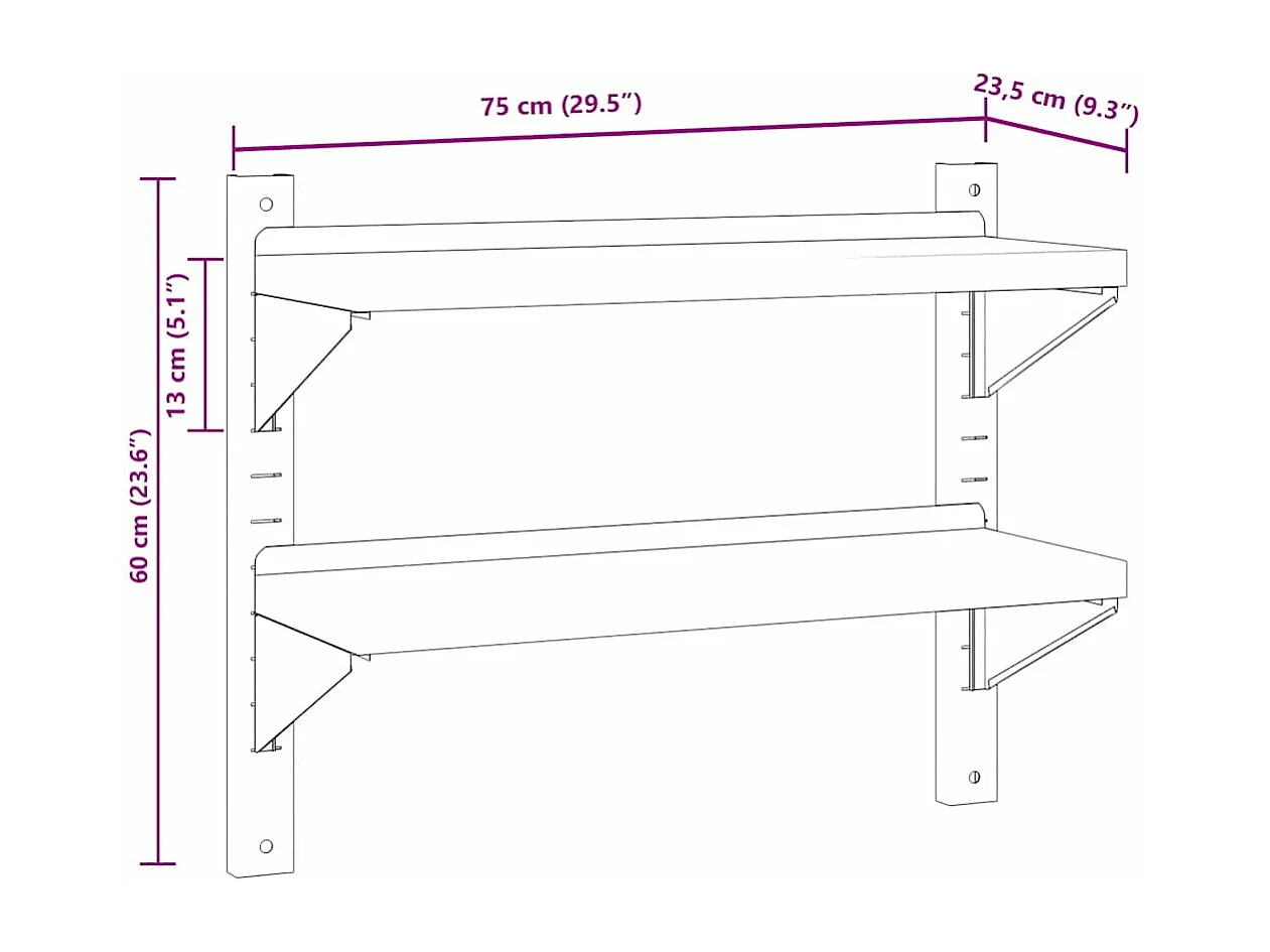 Étagère murale 2 niveaux 75x23,5x60 cm argenté acier inoxydable