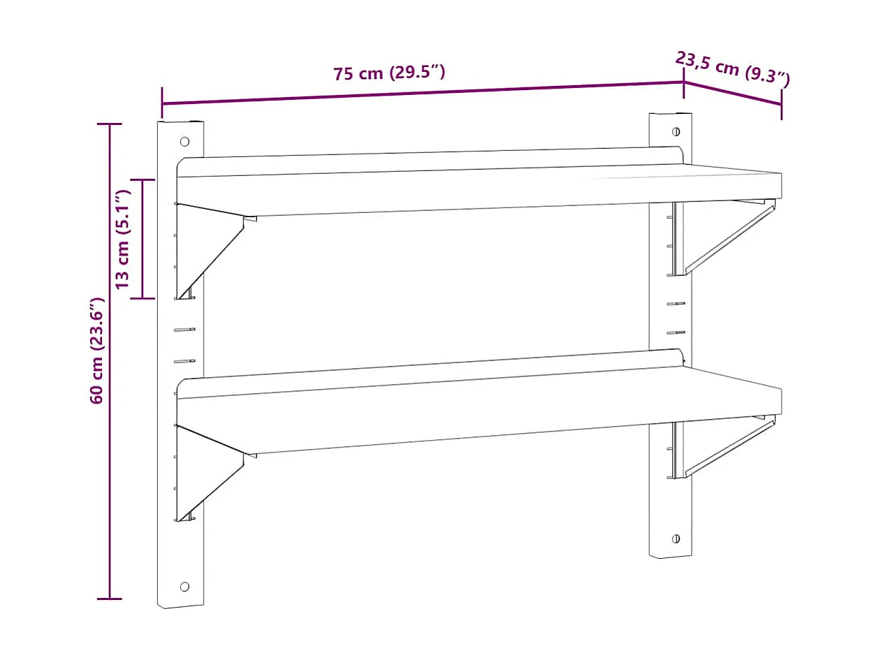 Wandschap 2-laags 75x23,5x60 cm roestvrijstaal zilverkleurig