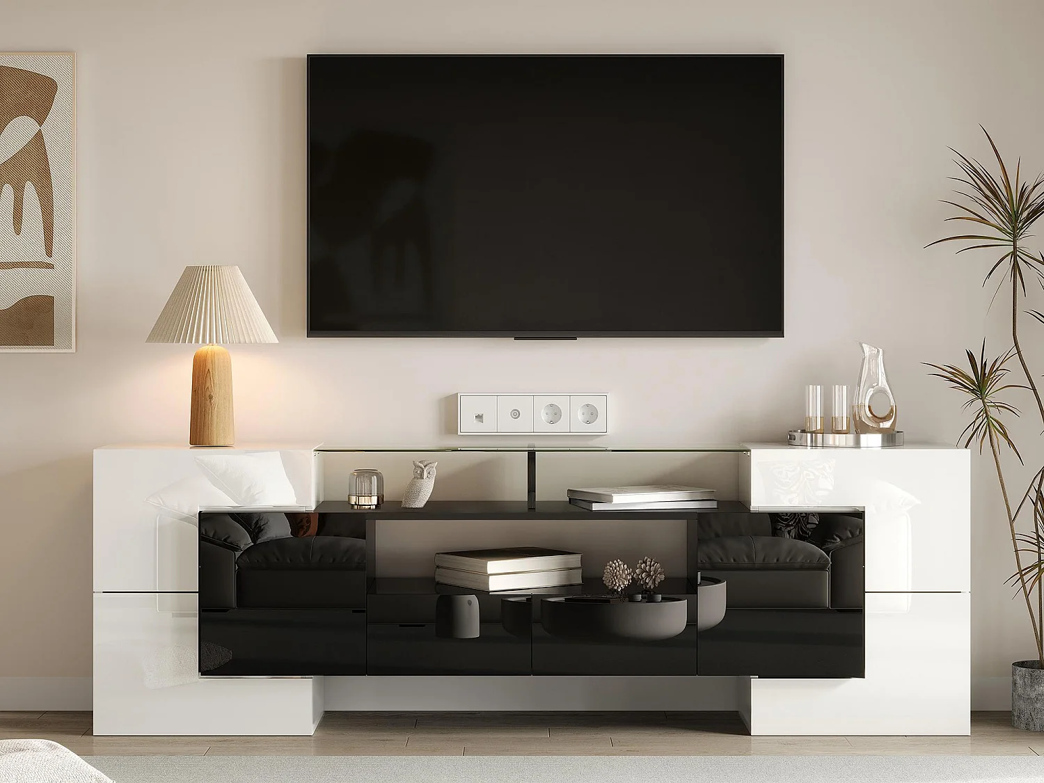 Móvel TV em madeira de 2m com 2 gavetas e 2 prateleiras abertas - Branco e Preto