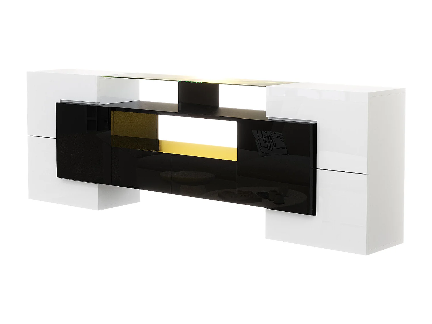 Móvel TV em madeira de 2m com 2 gavetas e 2 prateleiras abertas - Branco e Preto