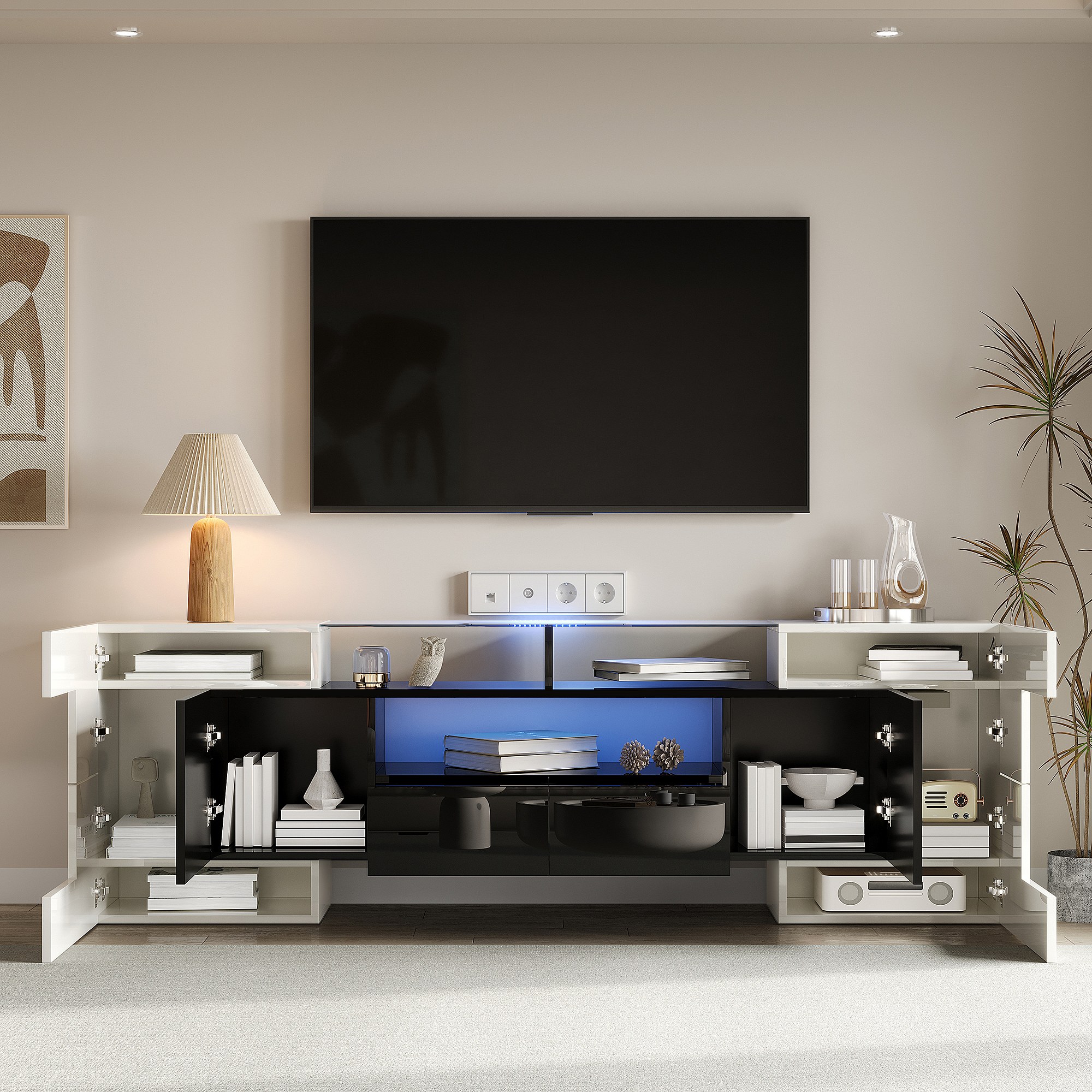 Meuble TV Blanc Avec 3 Tiroirs Et étagères Ouvertes - 190 X 40 X 42 Cm - Panneaux De Particules - Design Moderne Pour Salon