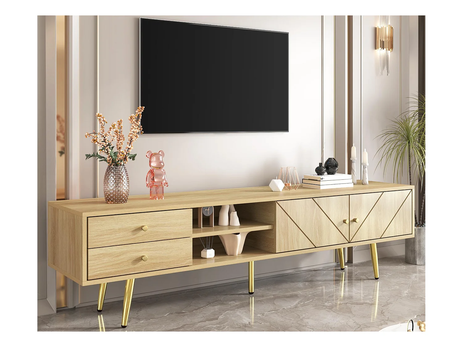 Meuble TV 160x36x42cm - avec 2 tiroirs et 2 portes - pieds dorés - Naturel