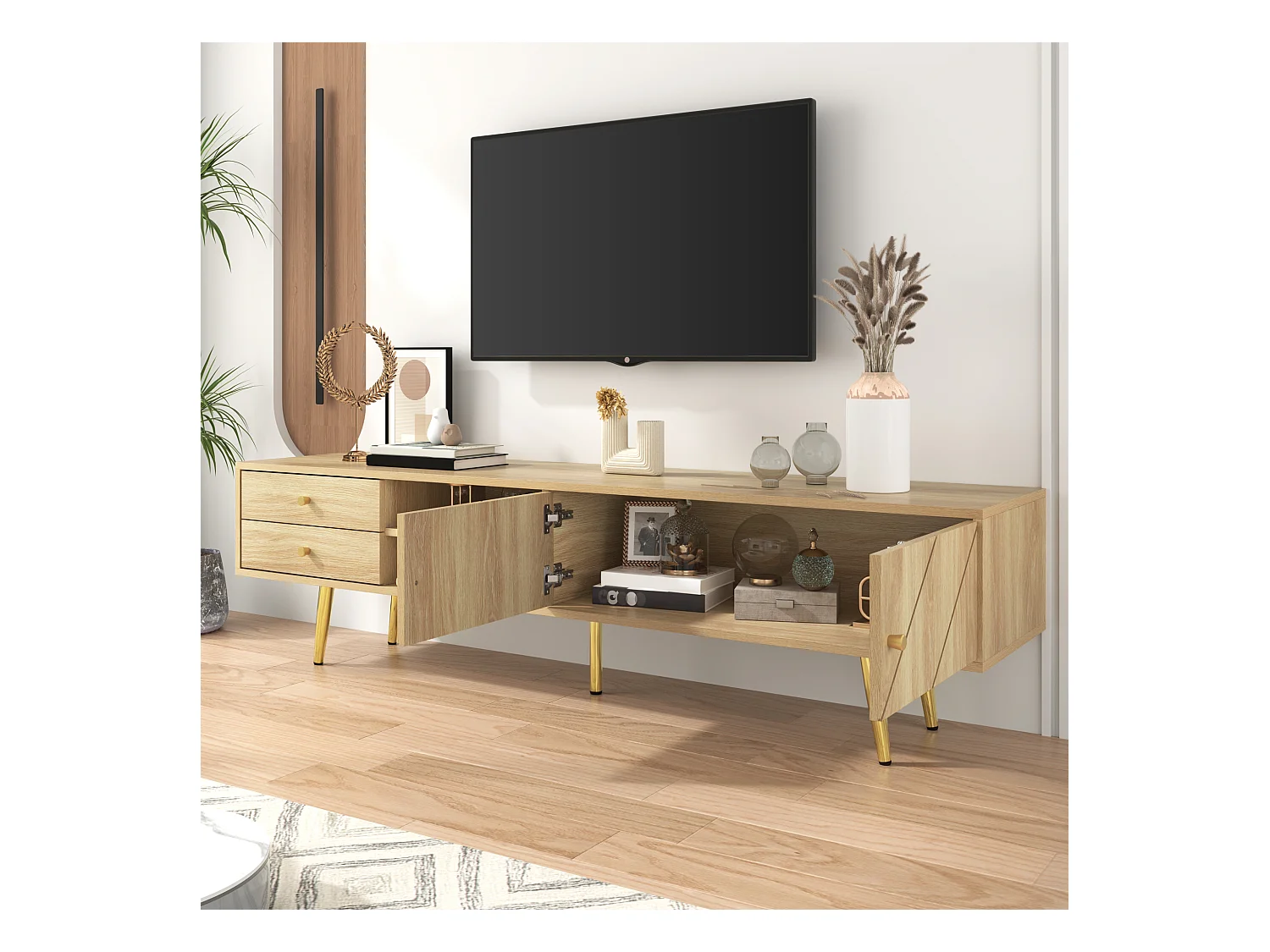 Meuble TV 160x36x42cm - avec 2 tiroirs et 2 portes - pieds dorés - Naturel