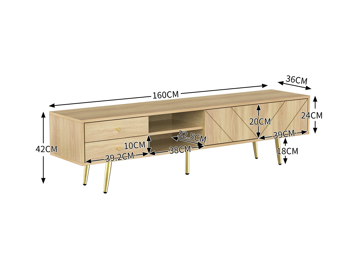 Meuble TV 160x36x42cm - avec 2 tiroirs et 2 portes - pieds dorés - Naturel