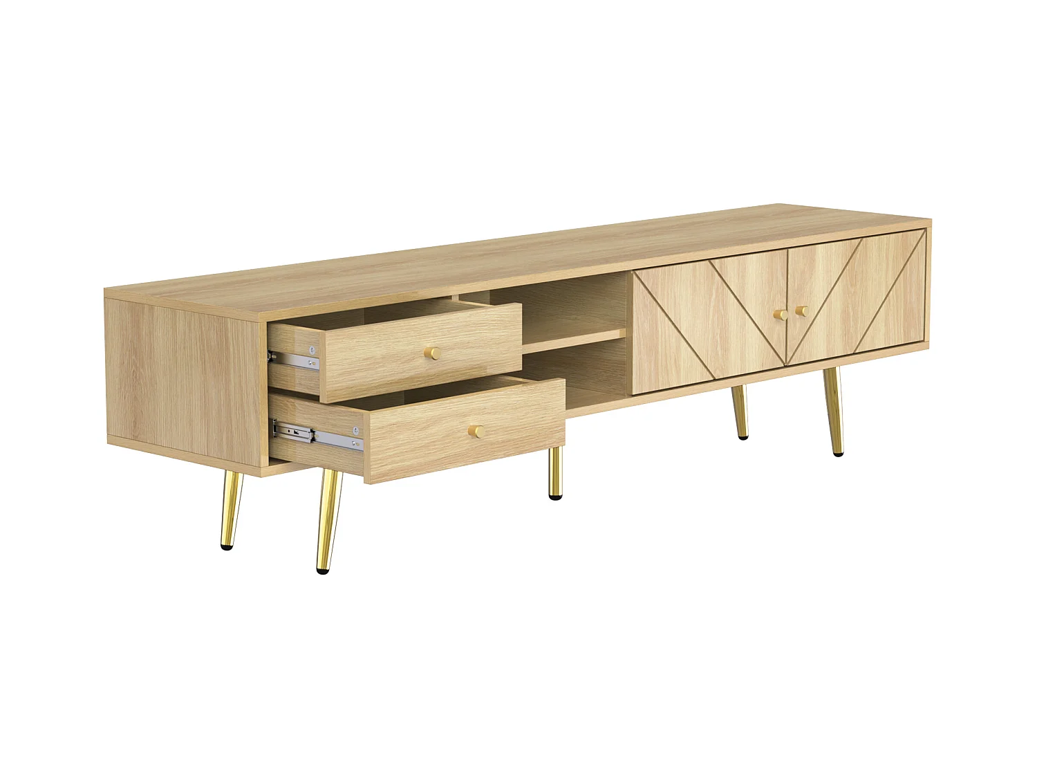 Meuble TV 160x36x42cm - avec 2 tiroirs et 2 portes - pieds dorés - Naturel