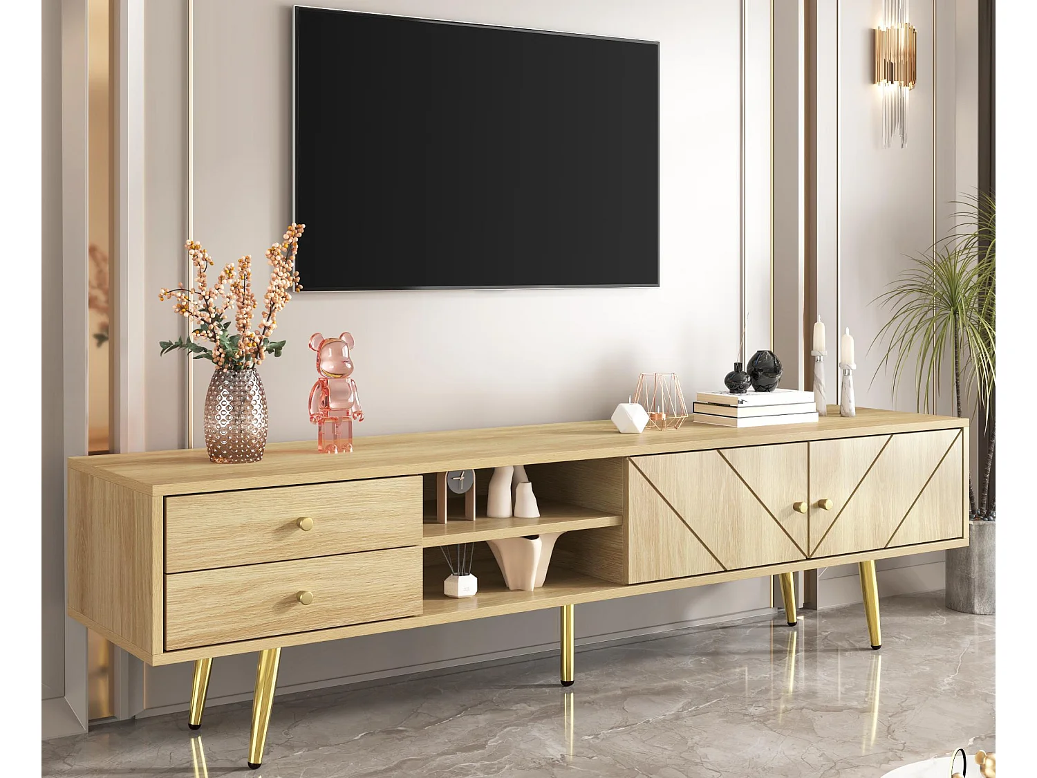 TV-meubel 160x36x42cm - met 2 lades en 2 deuren - gouden pootjes - Naturel