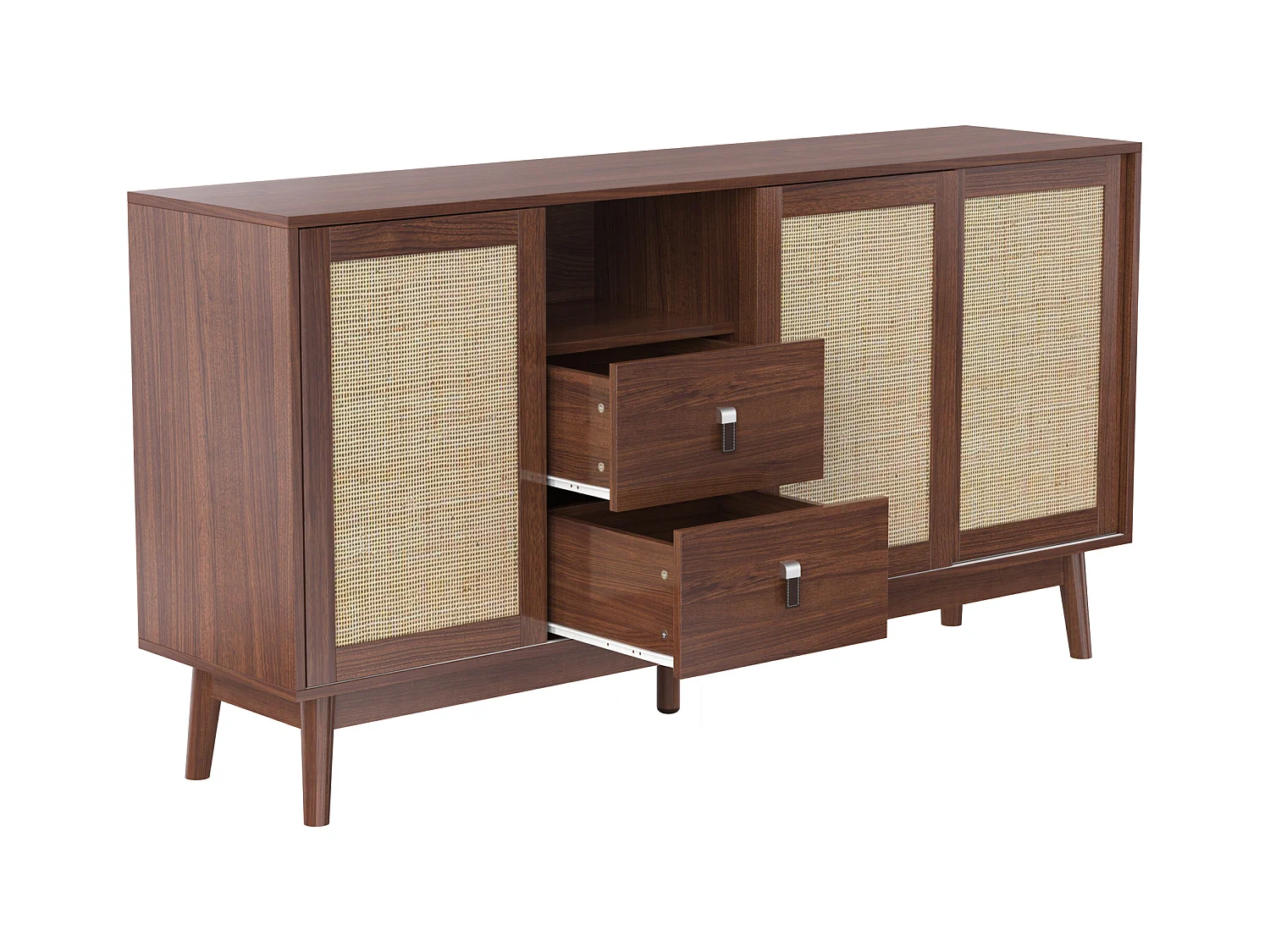 Aparador bajo - 3 puertas de ratán y 2 cajones - Marrón