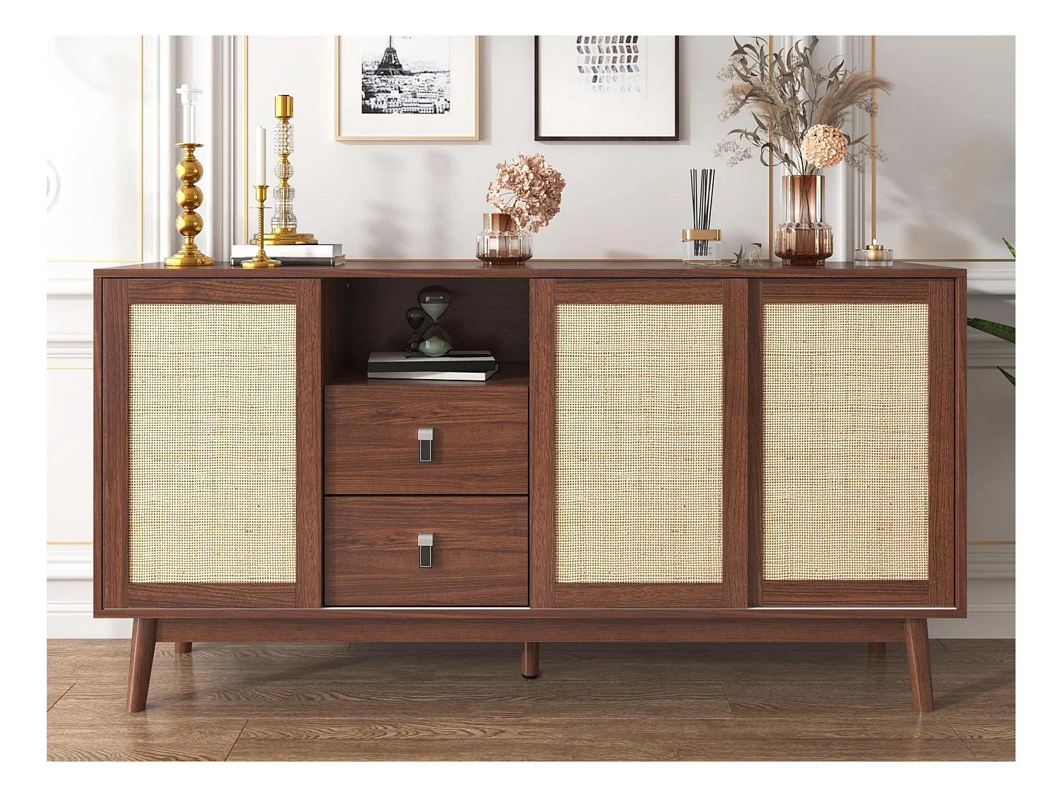 Buffet bas - 3 portes en rotin et 2 tiroirs - Marron