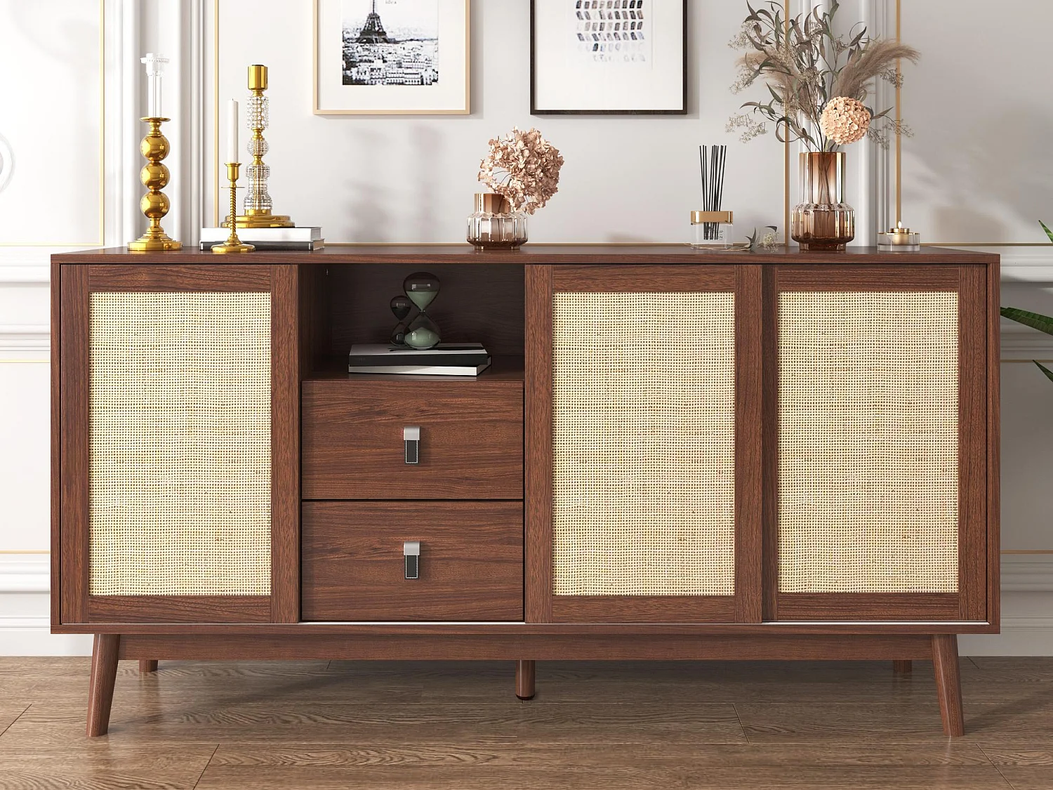 Credenza bassa - 3 ante in rattan e 2 cassetti - Marrone