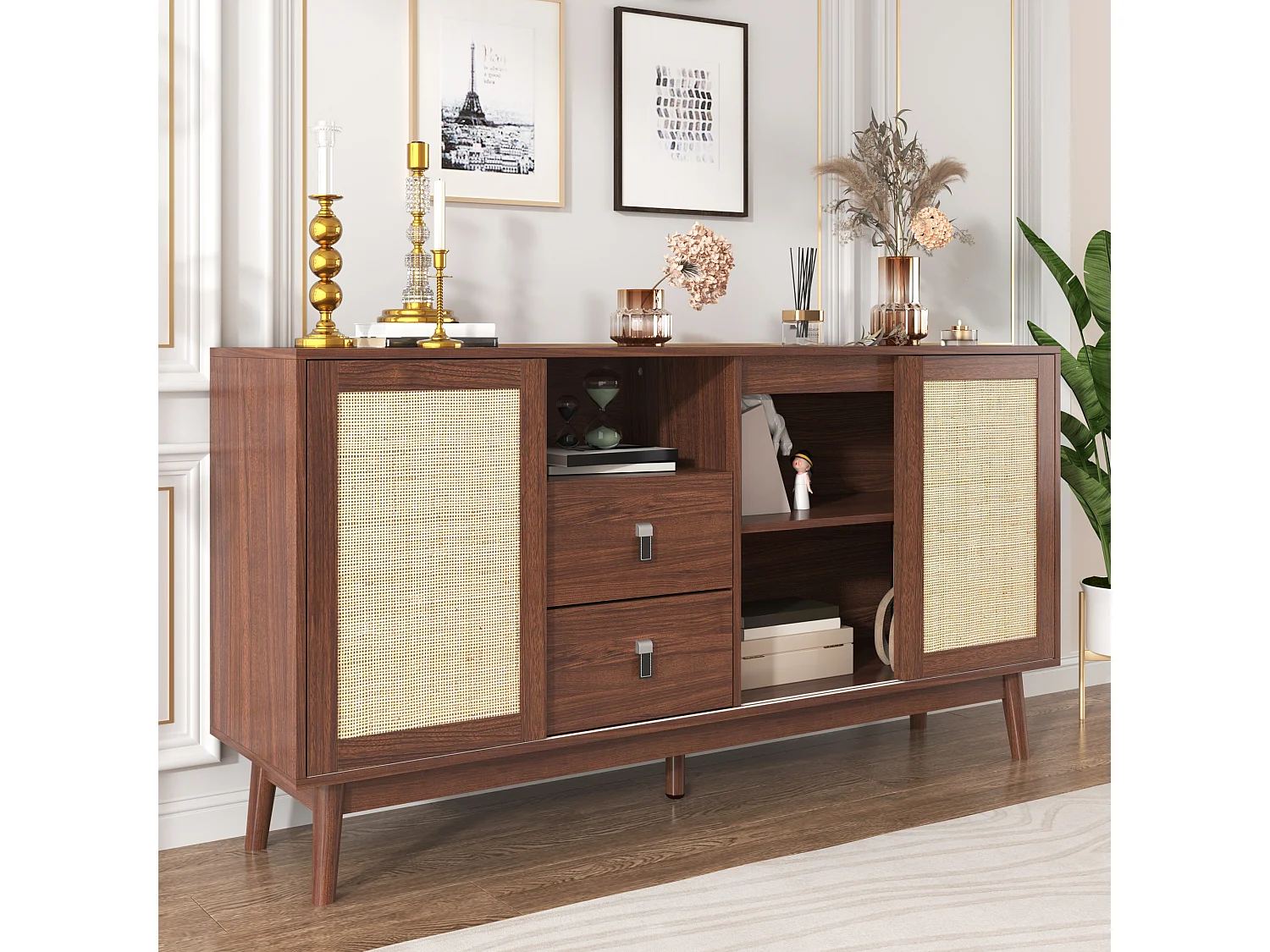 Credenza bassa - 3 ante in rattan e 2 cassetti - Marrone