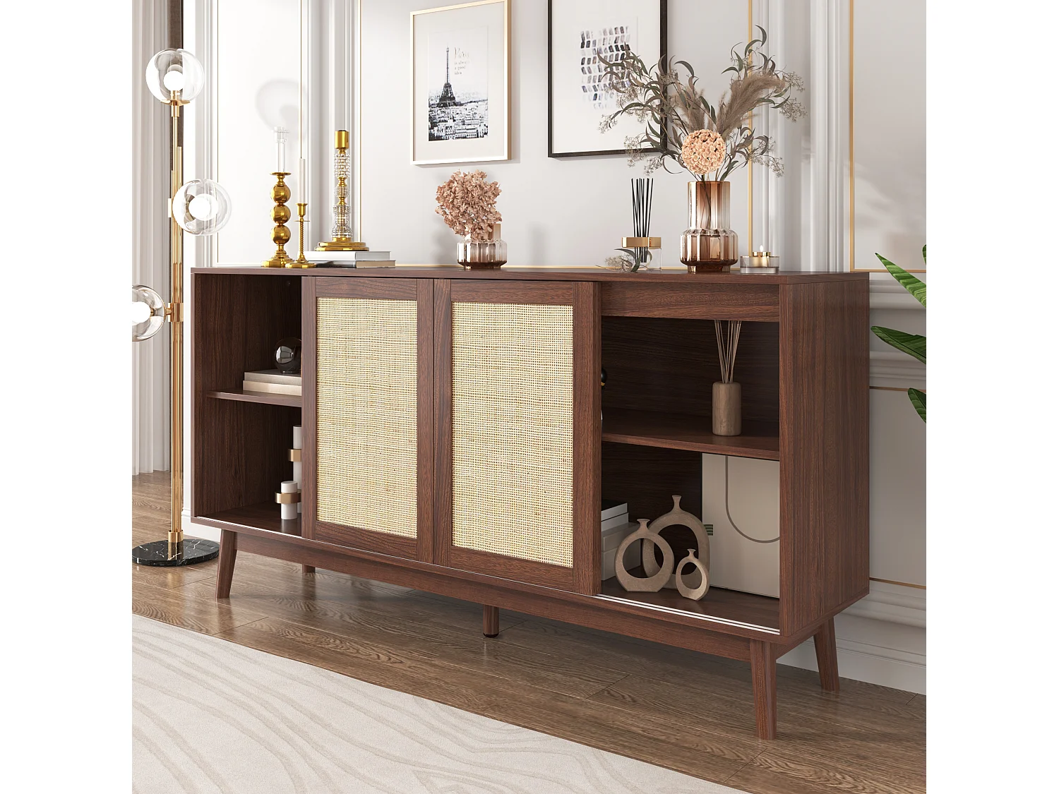 Credenza bassa - 3 ante in rattan e 2 cassetti - Marrone