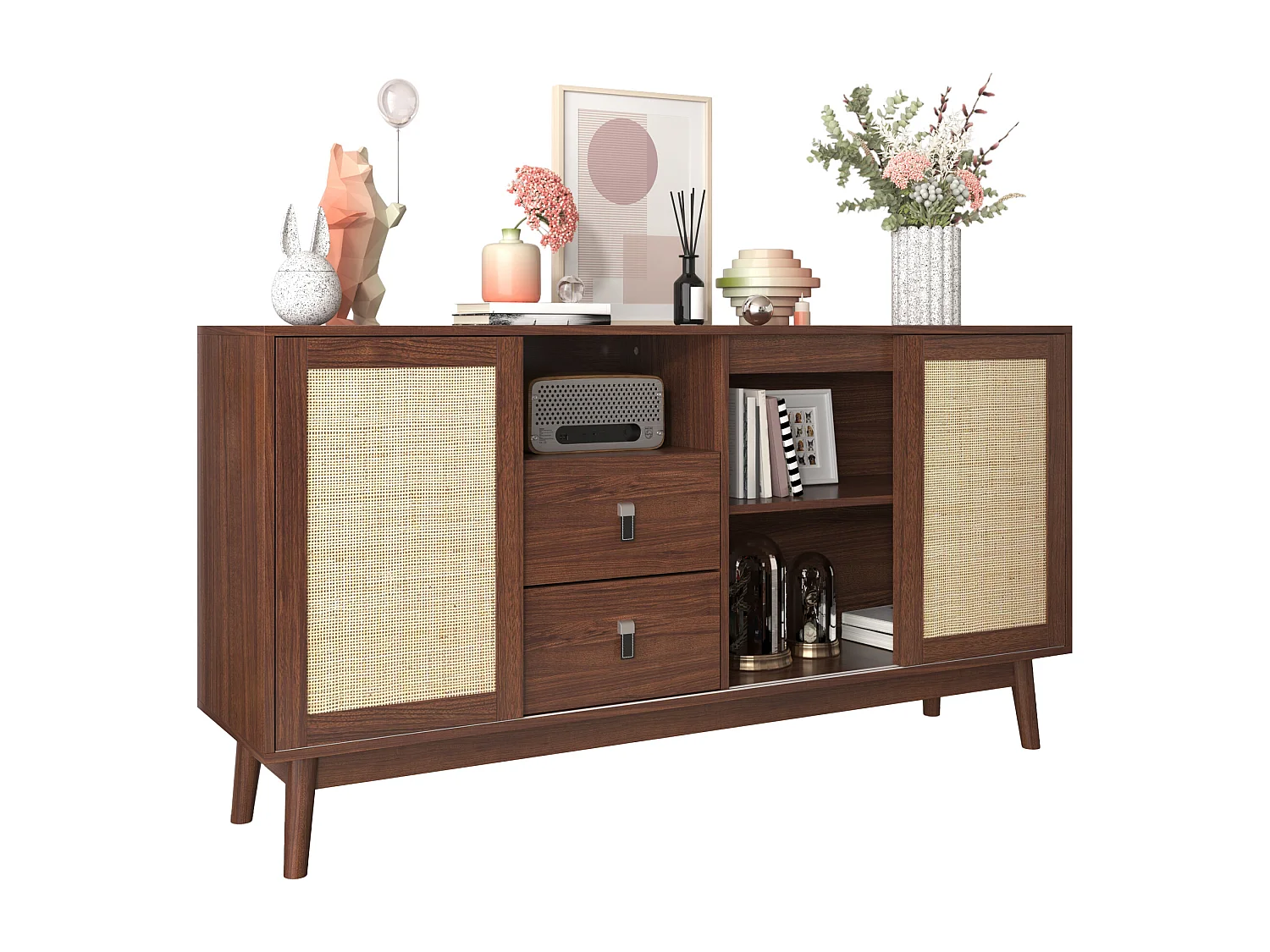 Credenza bassa - 3 ante in rattan e 2 cassetti - Marrone