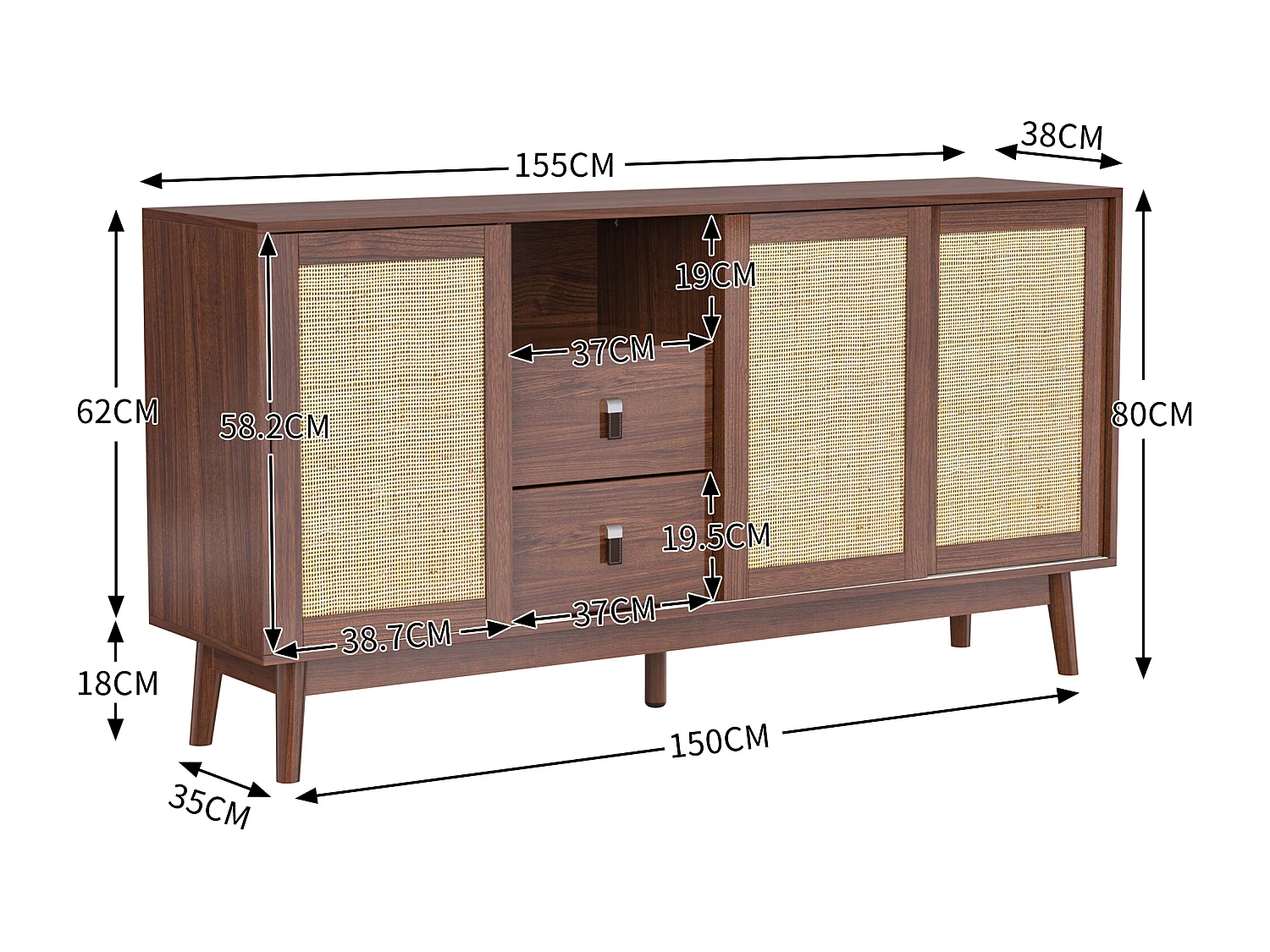 Credenza bassa - 3 ante in rattan e 2 cassetti - Marrone